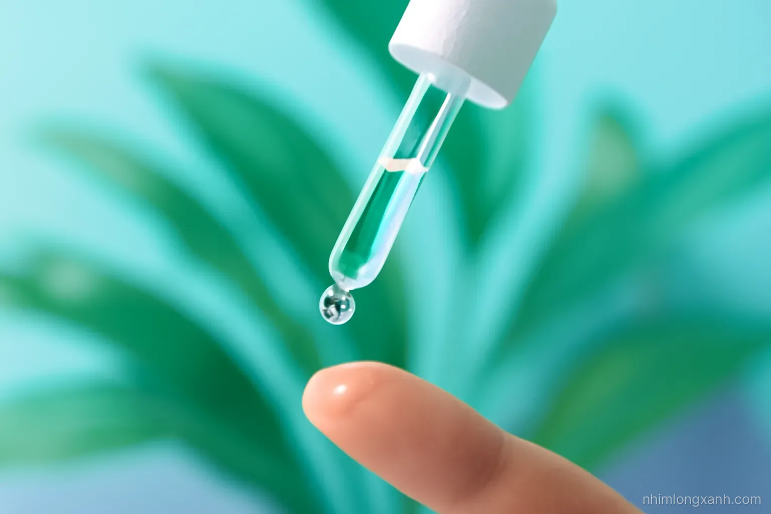 Macro close-up of a glass dropper releasing one clear drop onto a fingertip, blurred tropical leaves behind, crisp studio light, cool aqua and soft lilac color palette