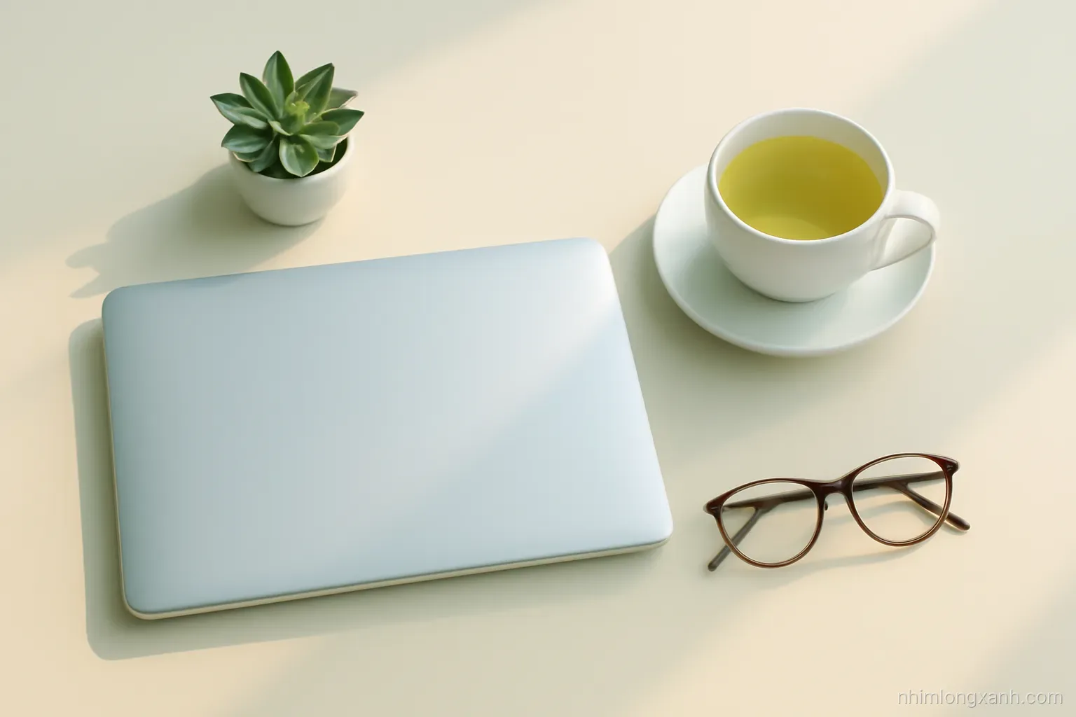 Top-down view of a tidy desk with a closed laptop, a cup of green tea, a small plant and a pair of reading glasses, pastel morning light, soft yellow and slate blue palette