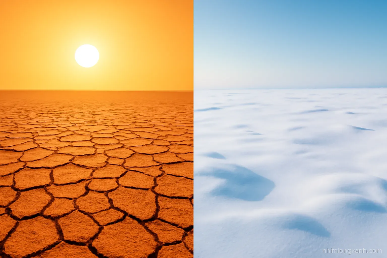 Split-scene concept: cracked salt flat under blazing sun beside a frosty white snowfield, wide composition, warm orange tones on the left and icy blue tones on the right