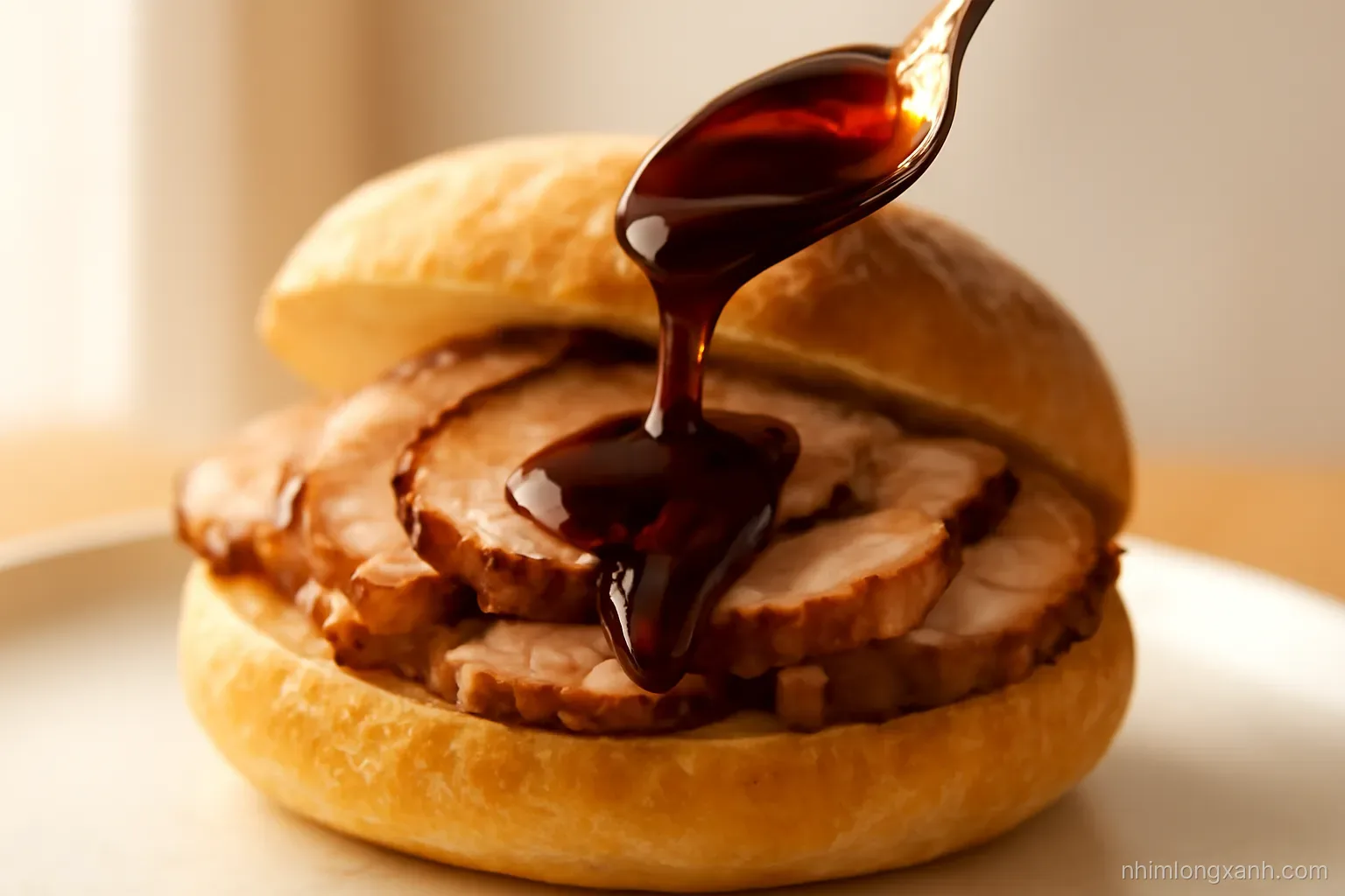 Close-up side view of a small spoon drizzling glossy dark brown sauce over sliced roast pork inside an open crusty roll, warm amber light, copper and caramel palette