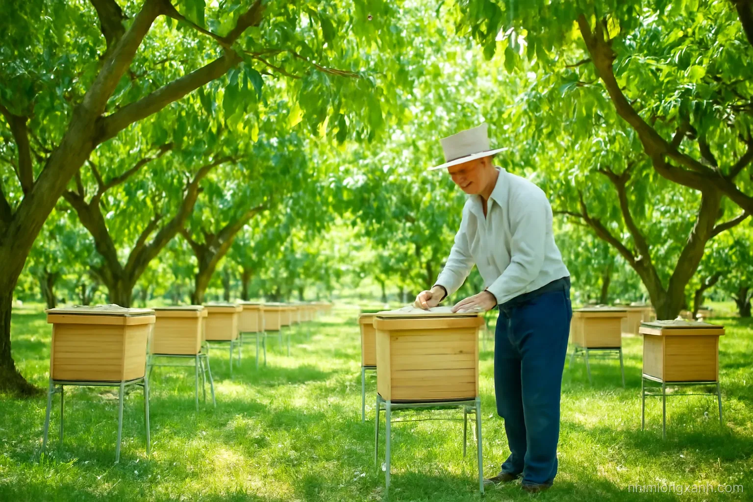 Wide shot of a shaded Vietnamese home orchard with small wooden stingless bee boxes on metal stands among mango trees, an older farmer inspecting one, bright midday light filtered green