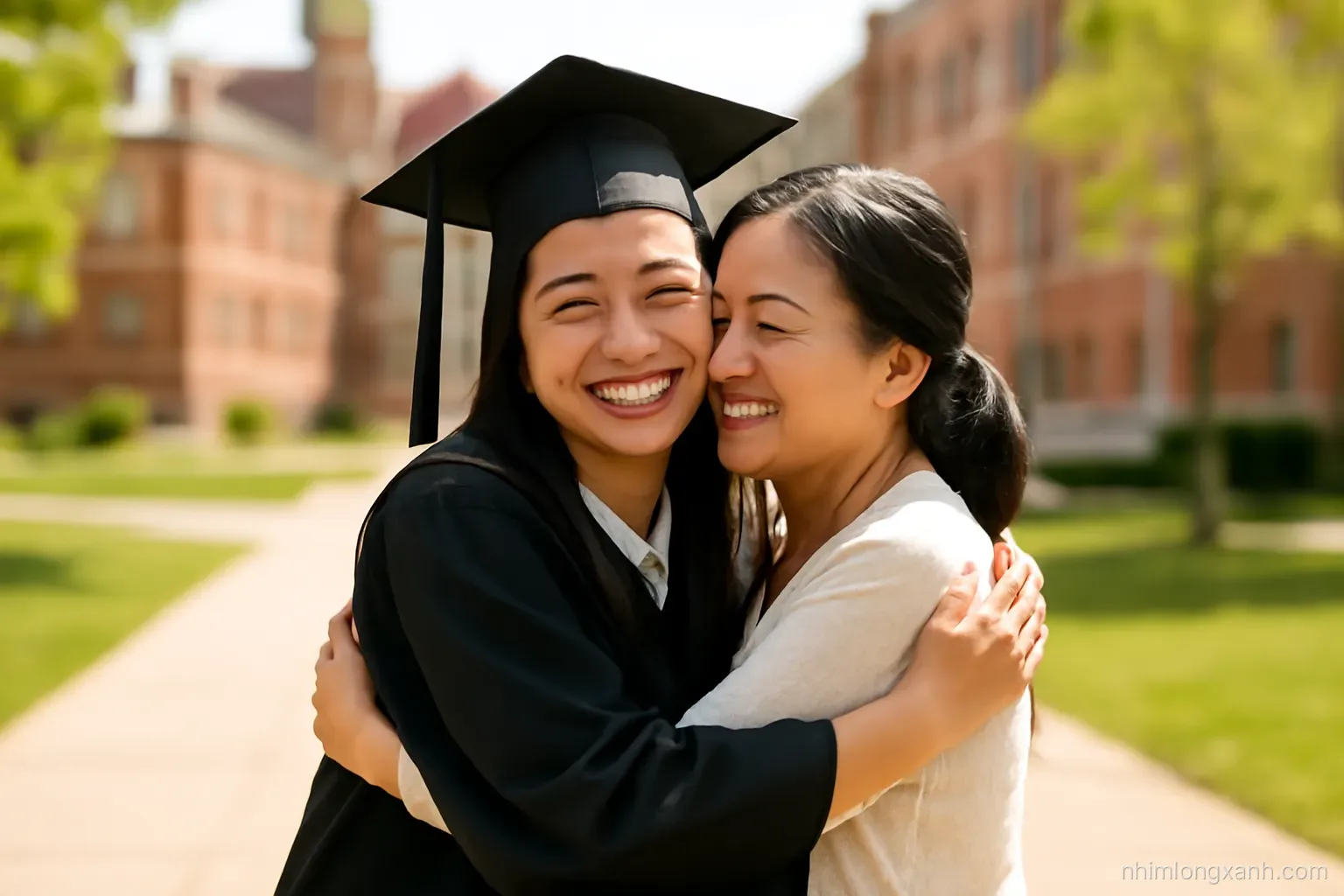 Eye-level shot of a young Vietnamese graduate in a black gown hugging her mother on a sunny university quad abroad, red brick buildings blurred behind, warm golden tones