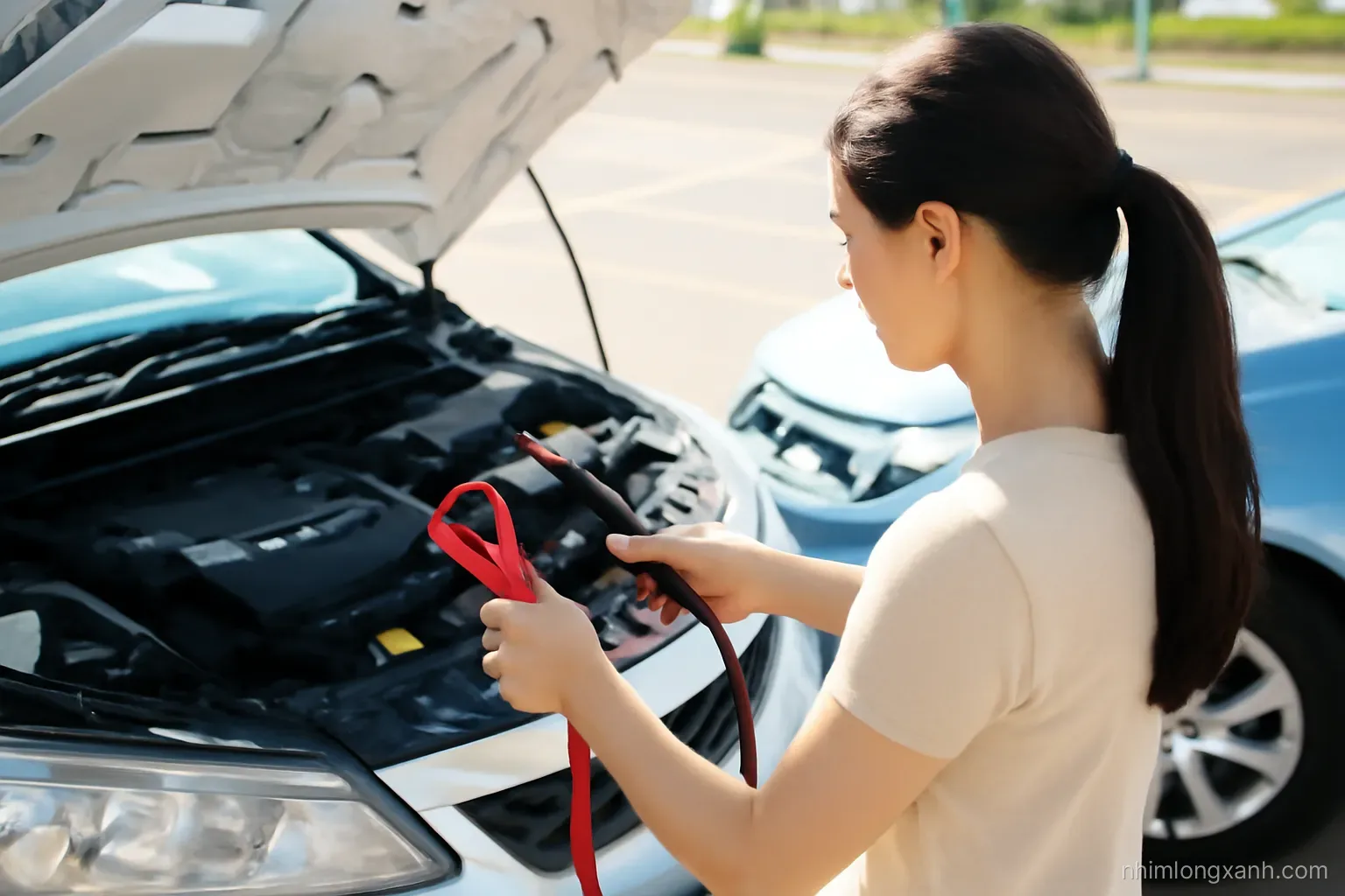 Over-the-shoulder view of a Vietnamese woman clamping red and black jumper cables onto a car battery, open hood, two cars nose to nose, bright morning parking lot