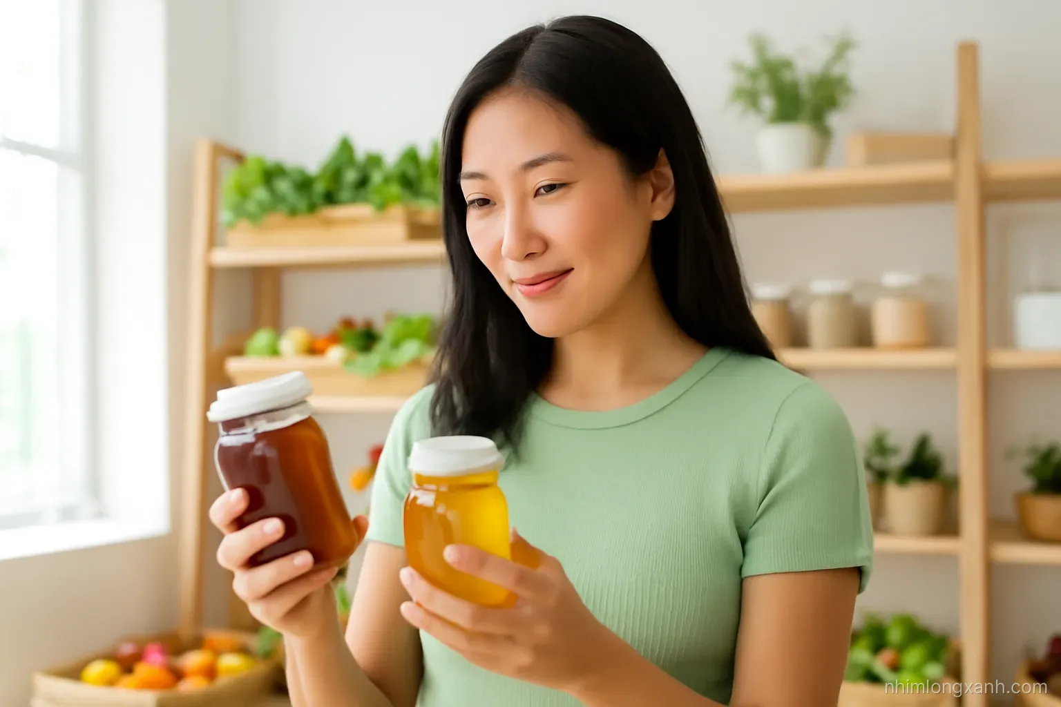 Medium shot of a Vietnamese shopper in a bright local produce shop comparing two jars of honey held in both hands, wooden shelves of farm goods behind, airy natural light, honey and green tones