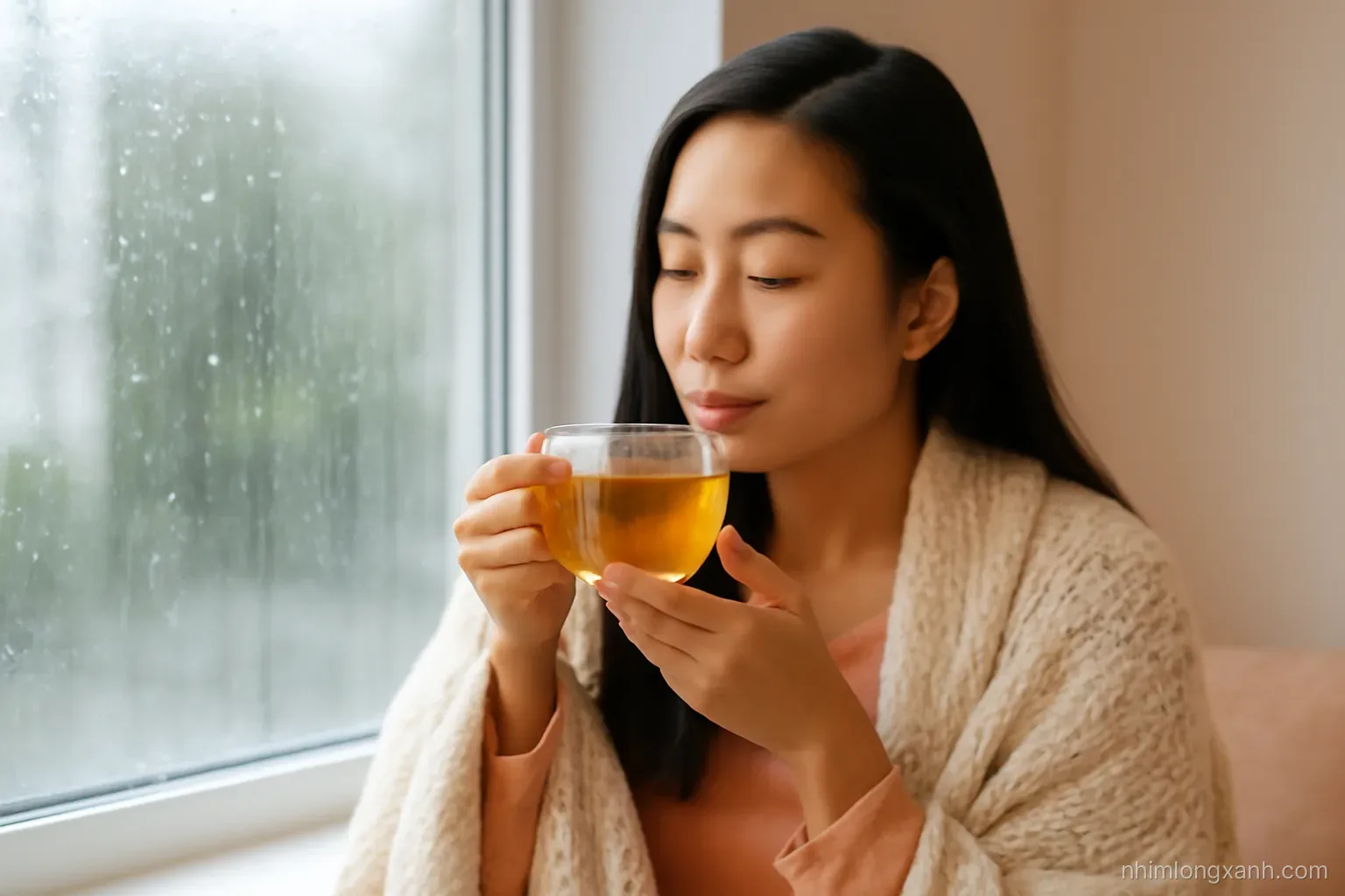 Medium shot of a Vietnamese woman wrapped in a light knit blanket sipping warm ginger tea by a rainy window, cozy afternoon light, soft peach and grey palette