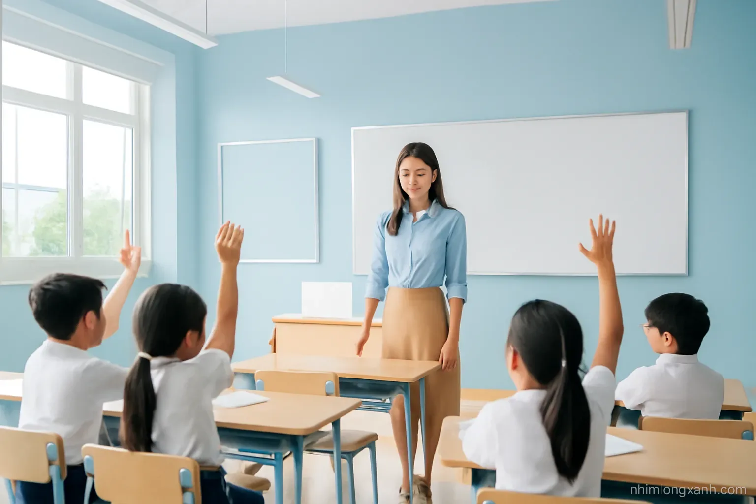 Wide shot of a bright Vietnamese primary classroom, a young teacher smiling as several pupils in white shirts raise their hands, airy sky blue and white tones, morning light