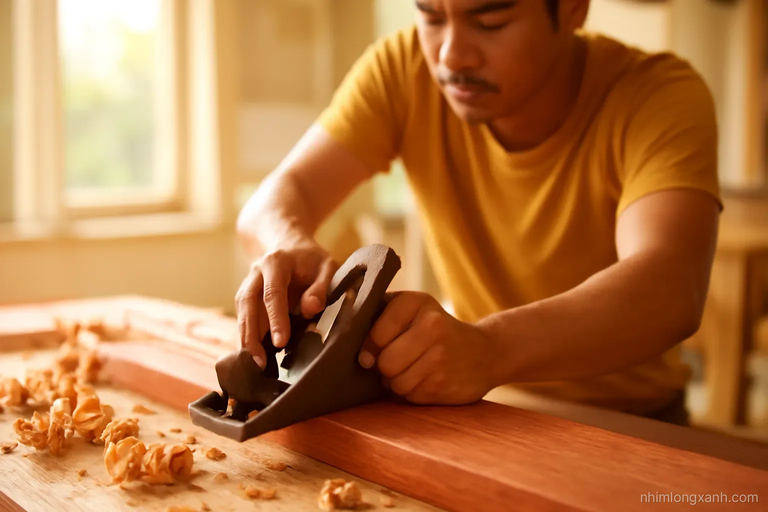 Close-up of a Vietnamese carpenter hands planing a reddish brown hardwood plank in a sunny workshop, curled shavings in the foreground, warm golden light, rich red-brown tones