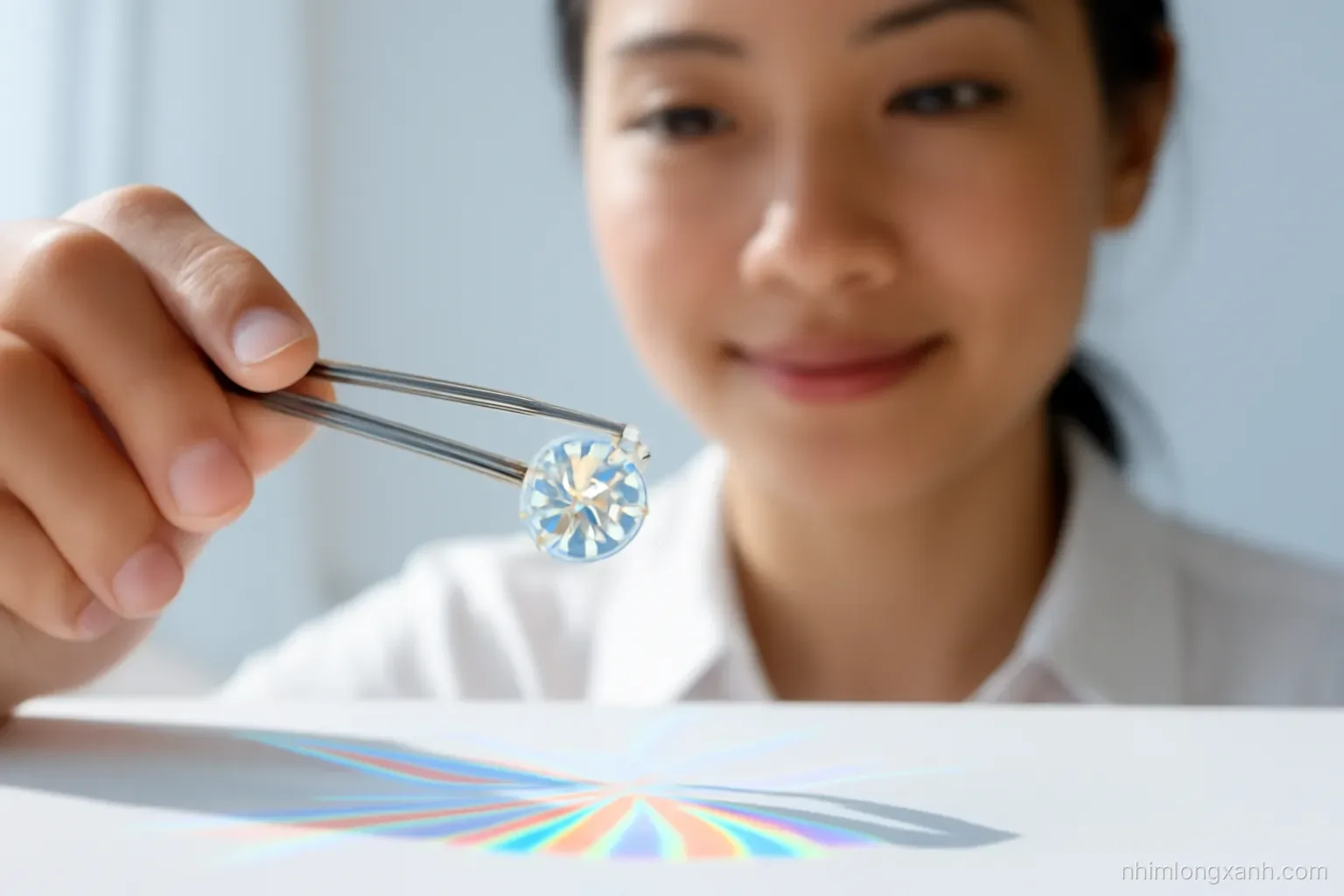Extreme close-up of tweezers holding a brilliant cut gemstone that scatters rainbow light across a white surface, a young Vietnamese jeweller blurred behind, clean daylight, white and prism colours