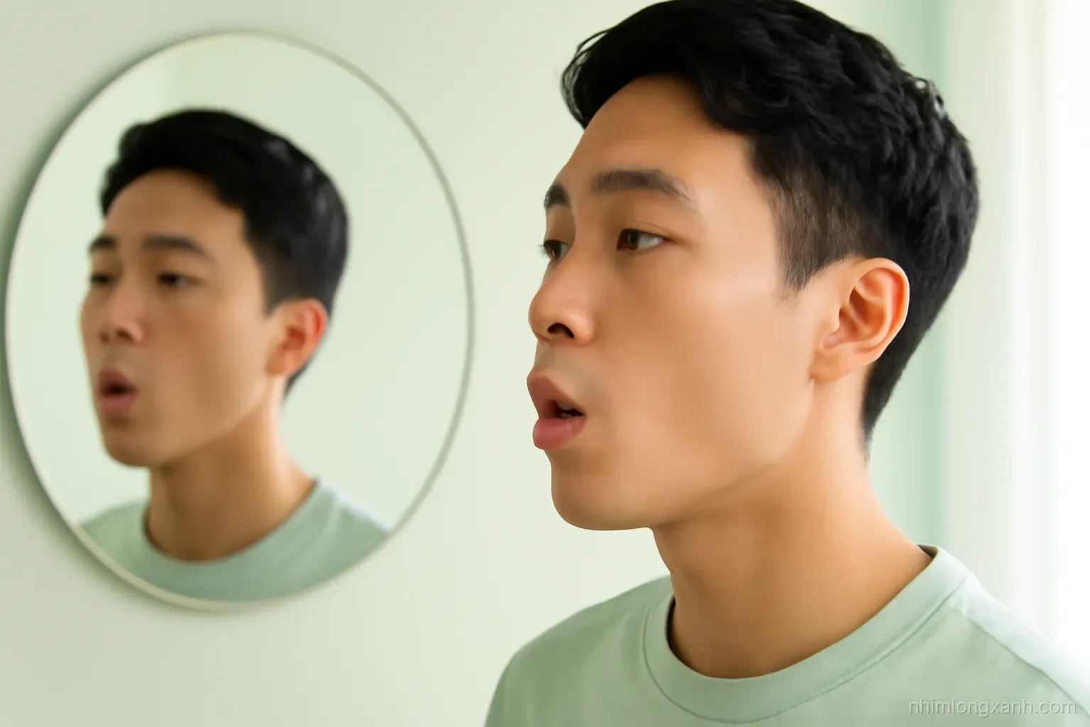 Side profile close-up of a Vietnamese young man practicing pronunciation in front of a round mirror, mouth shaping a vowel, soft studio light, pale green and white palette