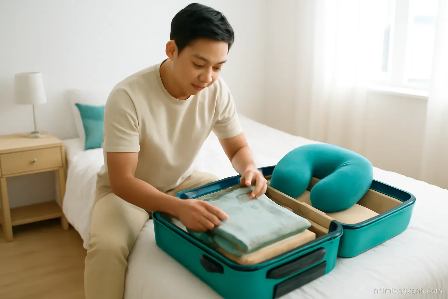 Three-quarter high angle view of a young Vietnamese man packing a large teal suitcase with folded clothes and a travel pillow on a bed in a bright bedroom, soft daylight, teal and sand tones