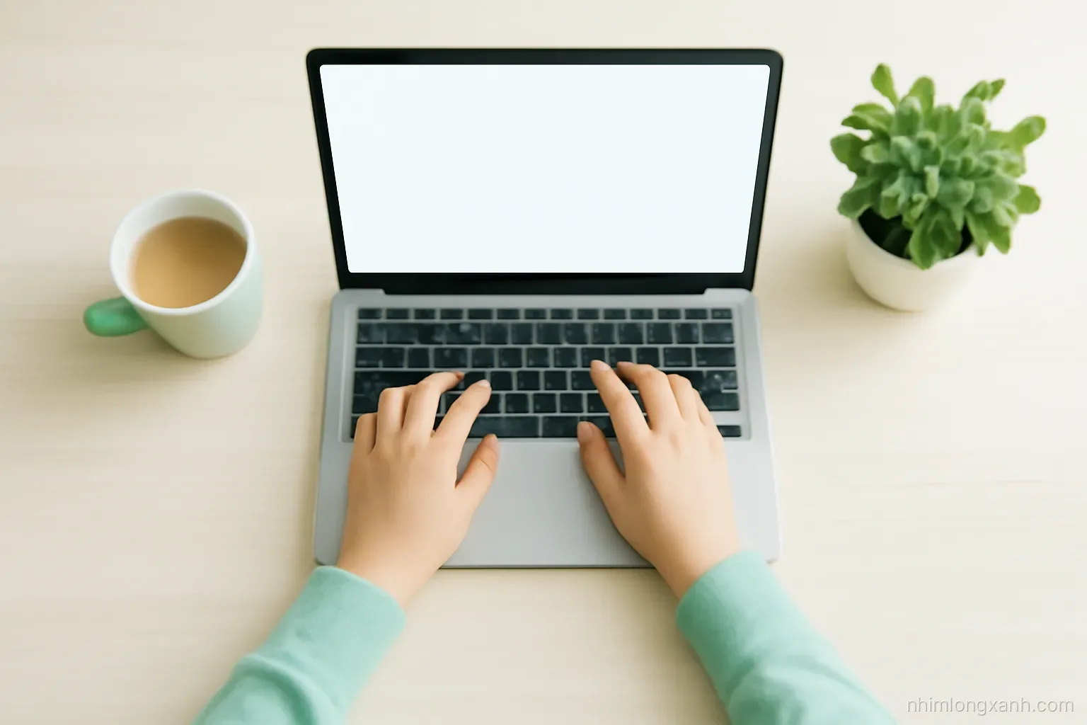 Top-down flat lay of a slim silver laptop with blank glowing screen on a pale wooden desk, Vietnamese student hands on keyboard, coffee cup and plant, soft morning light, mint and cream palette