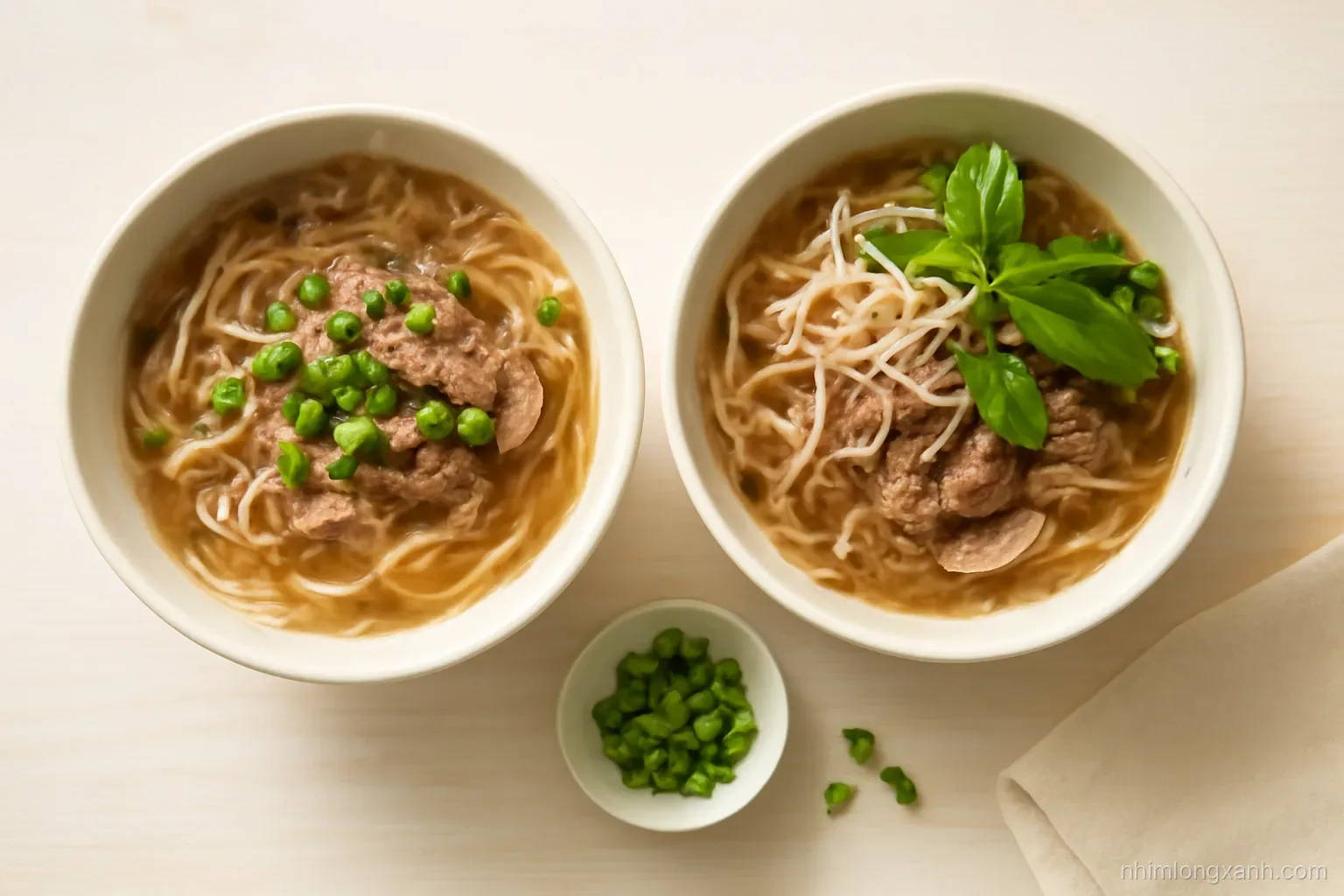 Two steaming bowls of Vietnamese beef pho side by side on a pale wooden table, one topped with green onions, one with basil and sprouts, top-down view, soft morning light, cream and green palette