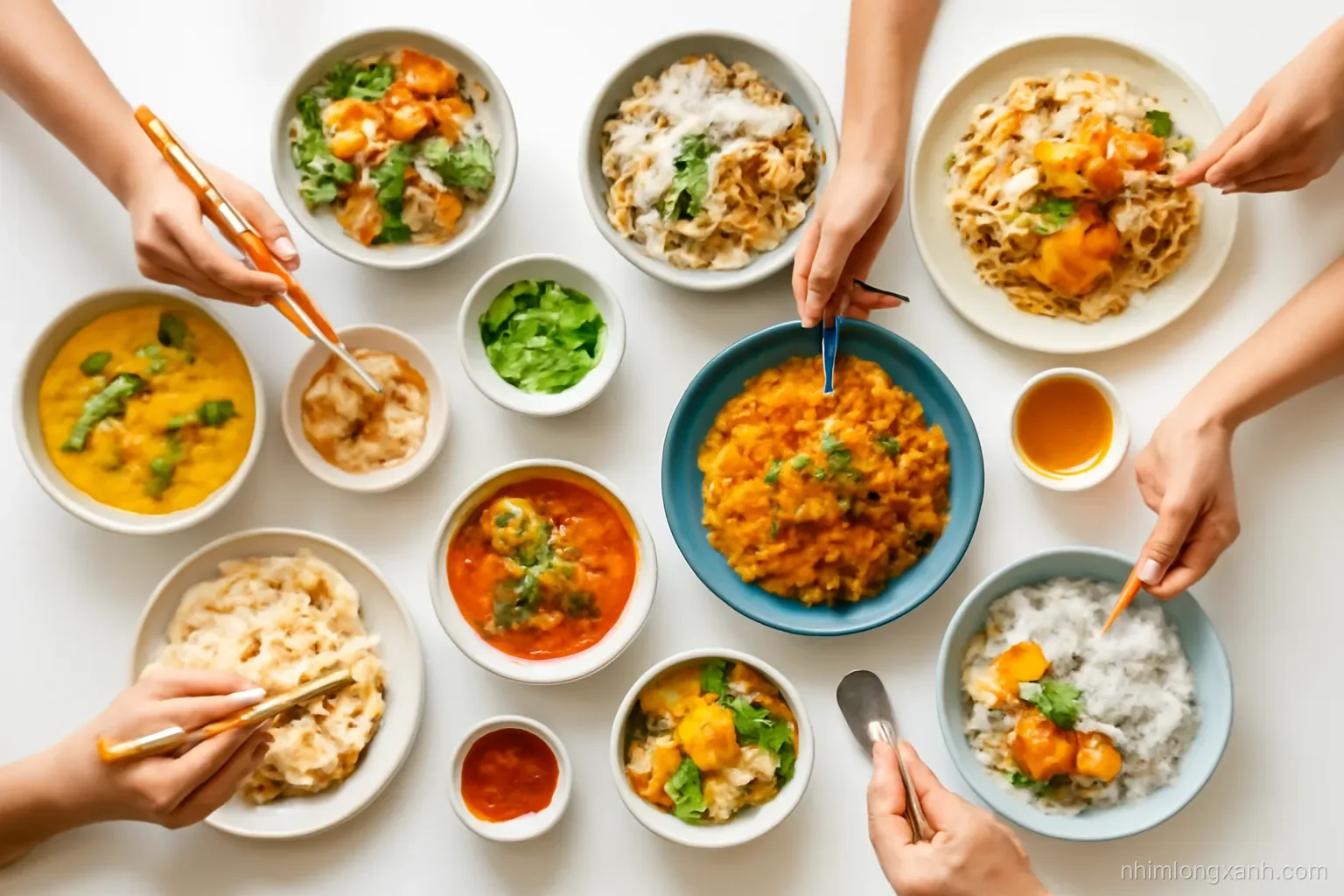 Top-down flat lay of a long table mixing dishes from many countries, chopsticks, a spoon and fork, flatbread and rice bowls, hands of several Vietnamese diners reaching in, bright cheerful colors