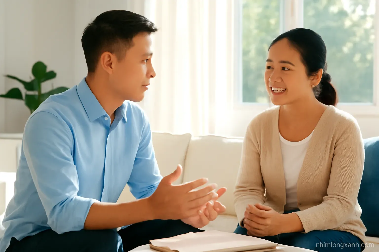 Side view of a young Vietnamese man in a neat light blue shirt practicing answers with his mother in a bright living room, late afternoon sunlight, navy and soft white tones