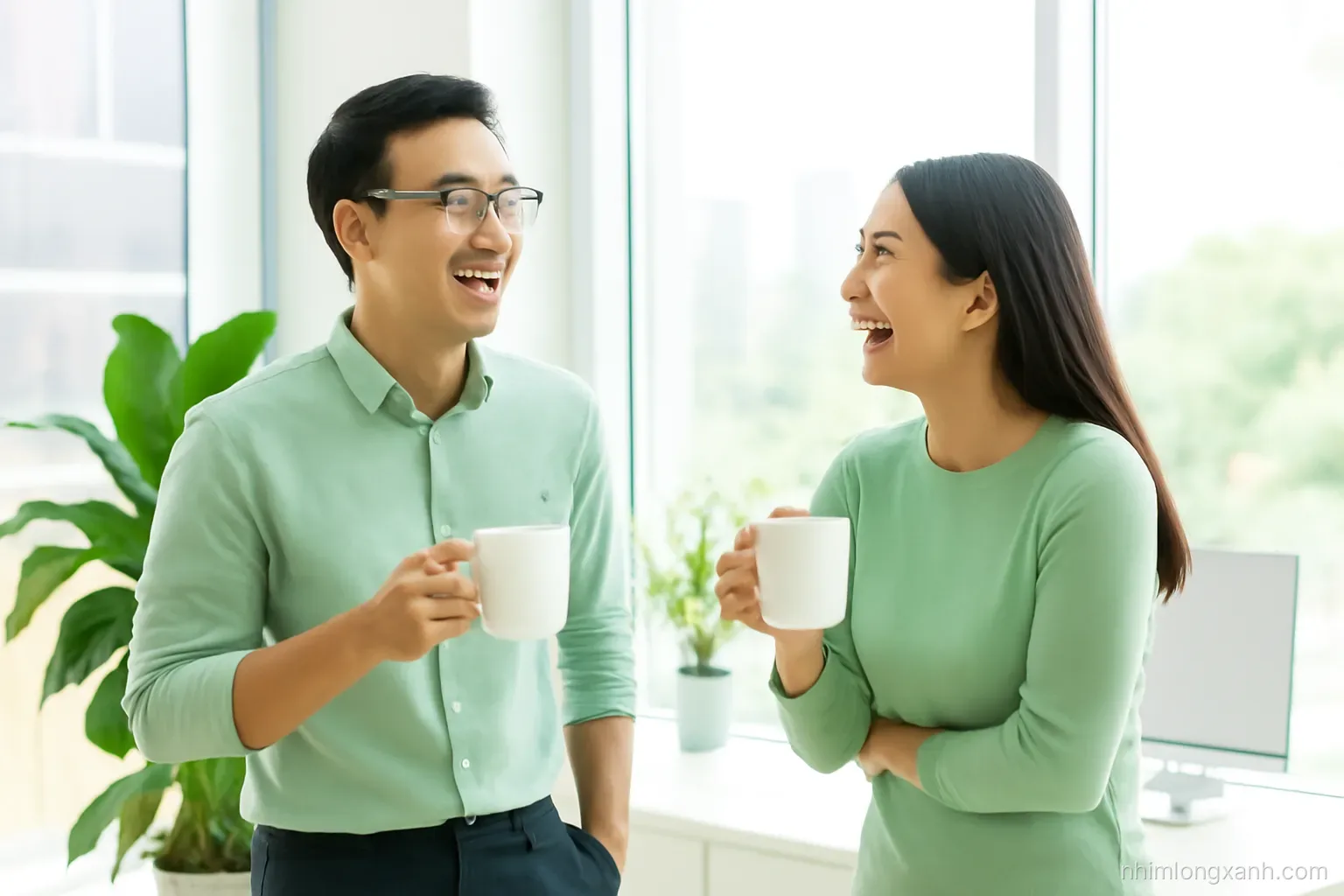Eye-level shot of two Vietnamese coworkers laughing while chatting beside a large sunny office window, coffee cups in hand, potted plants, airy white and leaf green palette