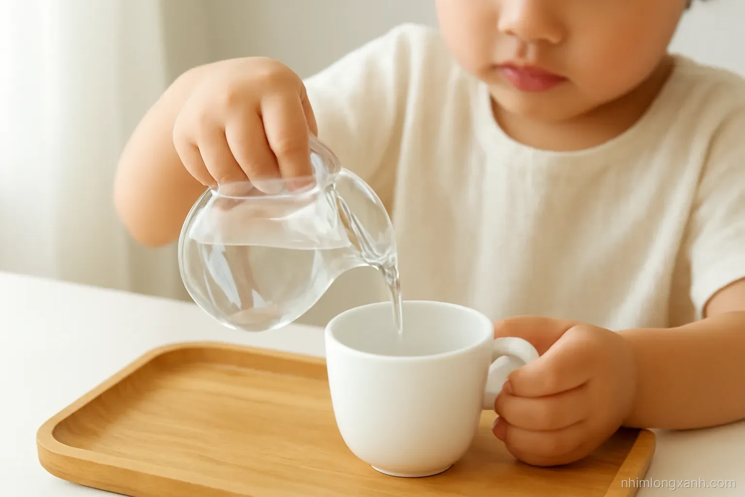 Close-up of small Vietnamese child hands carefully pouring water from a tiny glass pitcher into a cup on a wooden tray, natural side light, honey wood and soft white tones