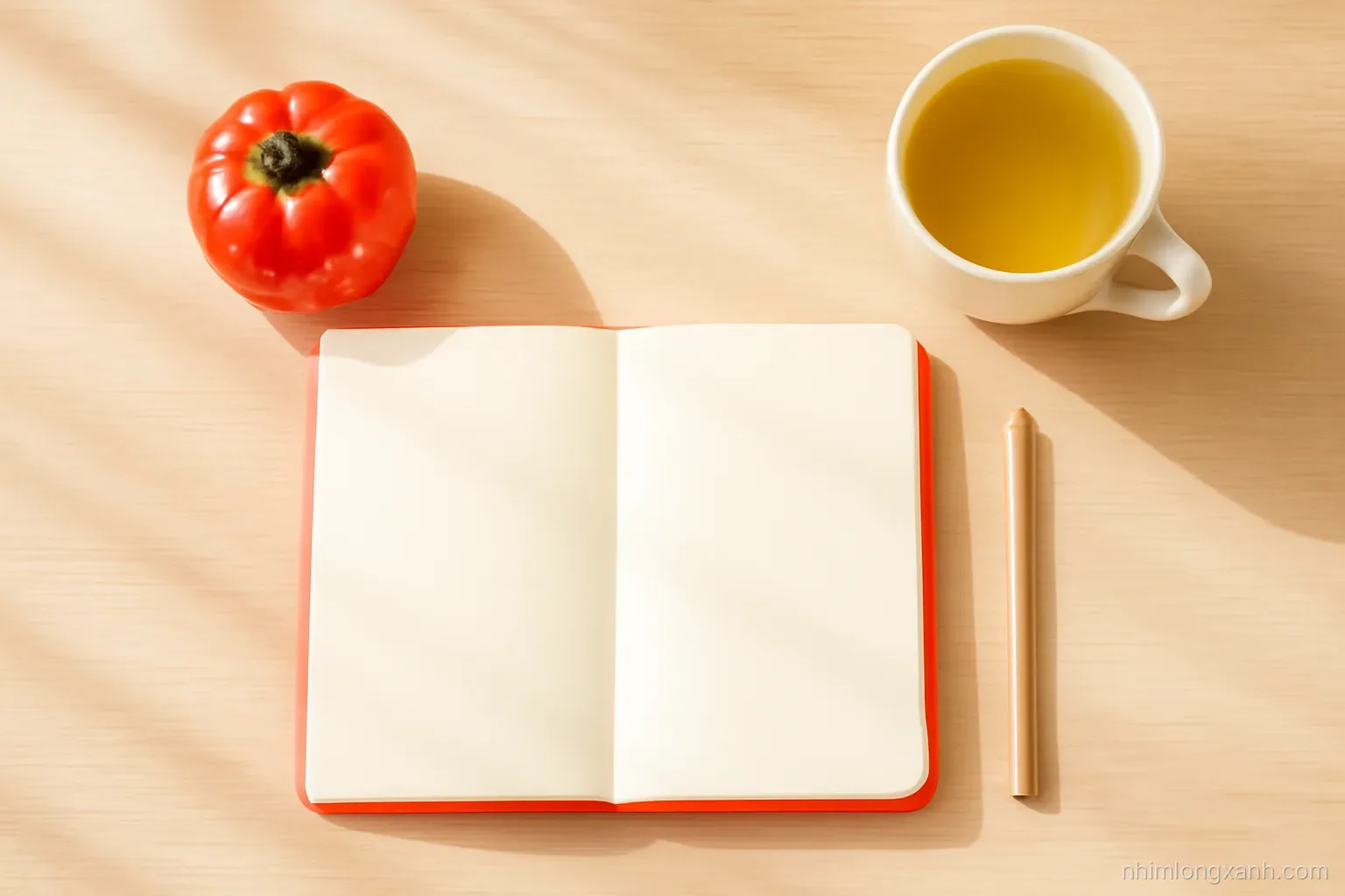 Top-down flat lay of a wooden desk with a red tomato-shaped kitchen timer, an open blank notebook, a pencil and a cup of green tea, bright morning light, coral and cream palette