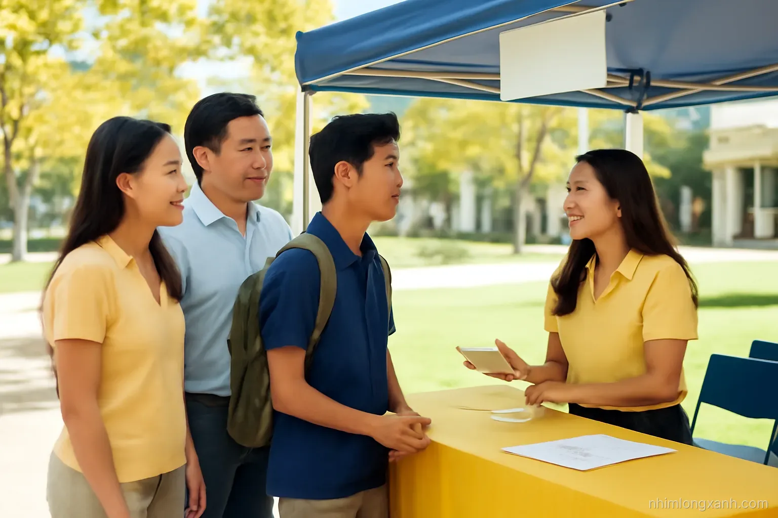 Wide shot of Vietnamese parents and a teenage son talking with a university admissions volunteer at a bright campus fair booth, yellow and navy palette, midday light