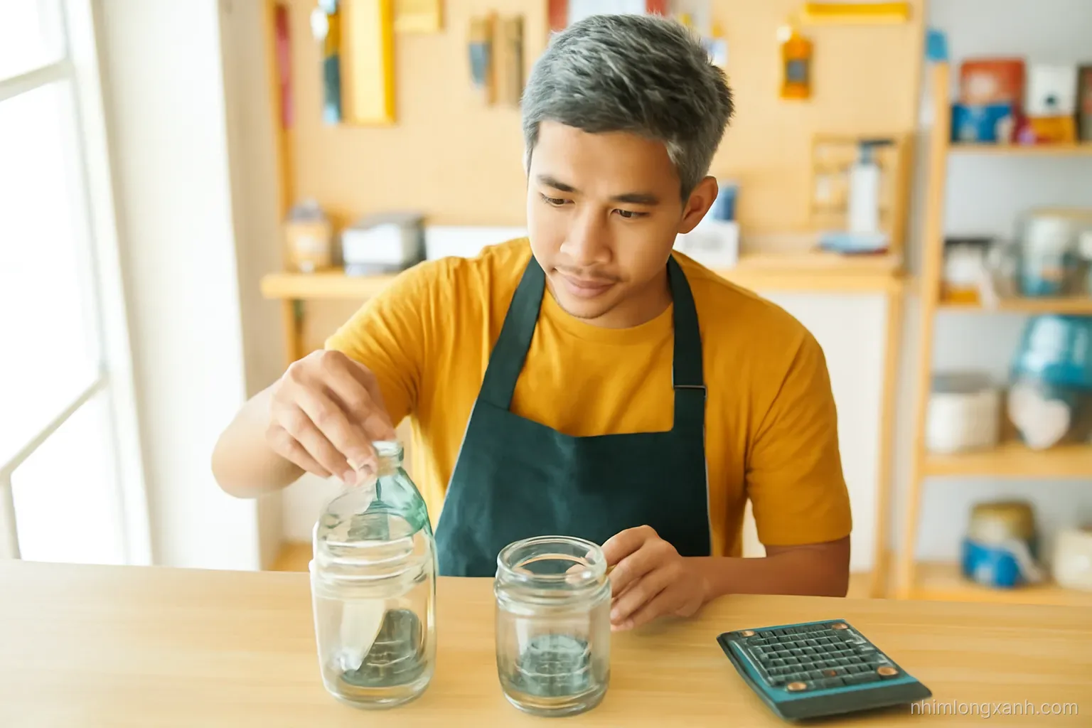 High-angle shot of a young Vietnamese hardware shop owner at a wooden counter dropping folded money into two separate glass jars, calculator with blank display beside, bright morning light, mustard and navy tones