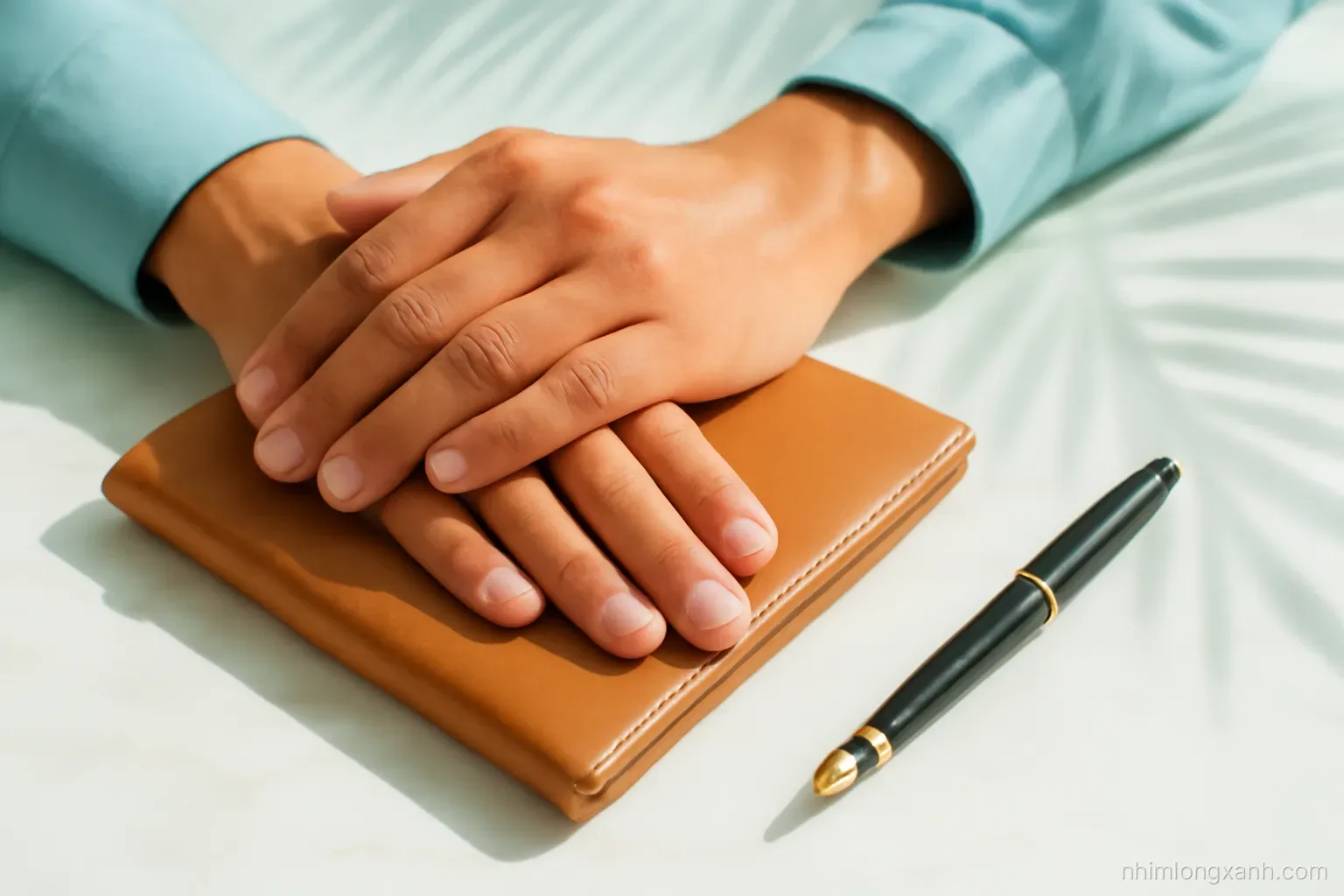 Close-up macro of two hands of a Vietnamese man resting on a closed leather folder beside a fountain pen on a white marble desk, tropical palm shadows, soft teal and cream palette
