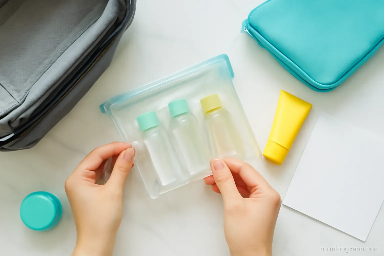 Close-up of hands placing small travel bottles into a clear zip pouch beside an open carry-on bag, top-down view, white marble surface, aqua and lemon accents, crisp daylight