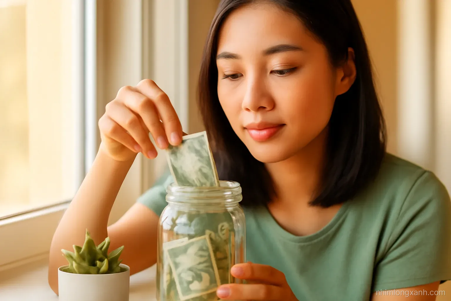 Close-up of a Vietnamese woman placing a folded banknote into a glass jar on a sunny windowsill beside a small succulent, shallow depth of field, warm amber and sage tones