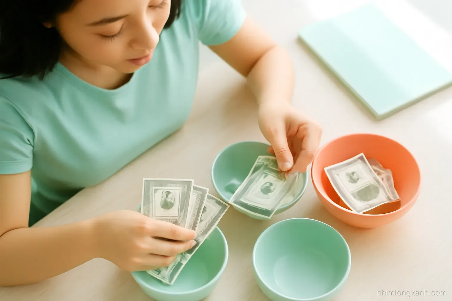 Top-down flat lay of a young Vietnamese hand sorting cash into three ceramic bowls on a pale wooden desk, soft daylight, mint green and coral palette, clean minimal styling