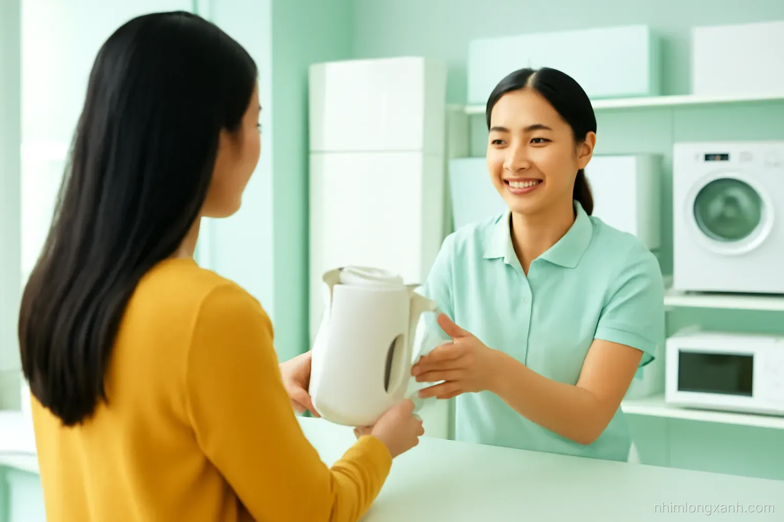 Vietnamese woman at a bright appliance store counter handing a broken electric kettle to a smiling staff member, over-the-shoulder shot, clean white and mint green palette