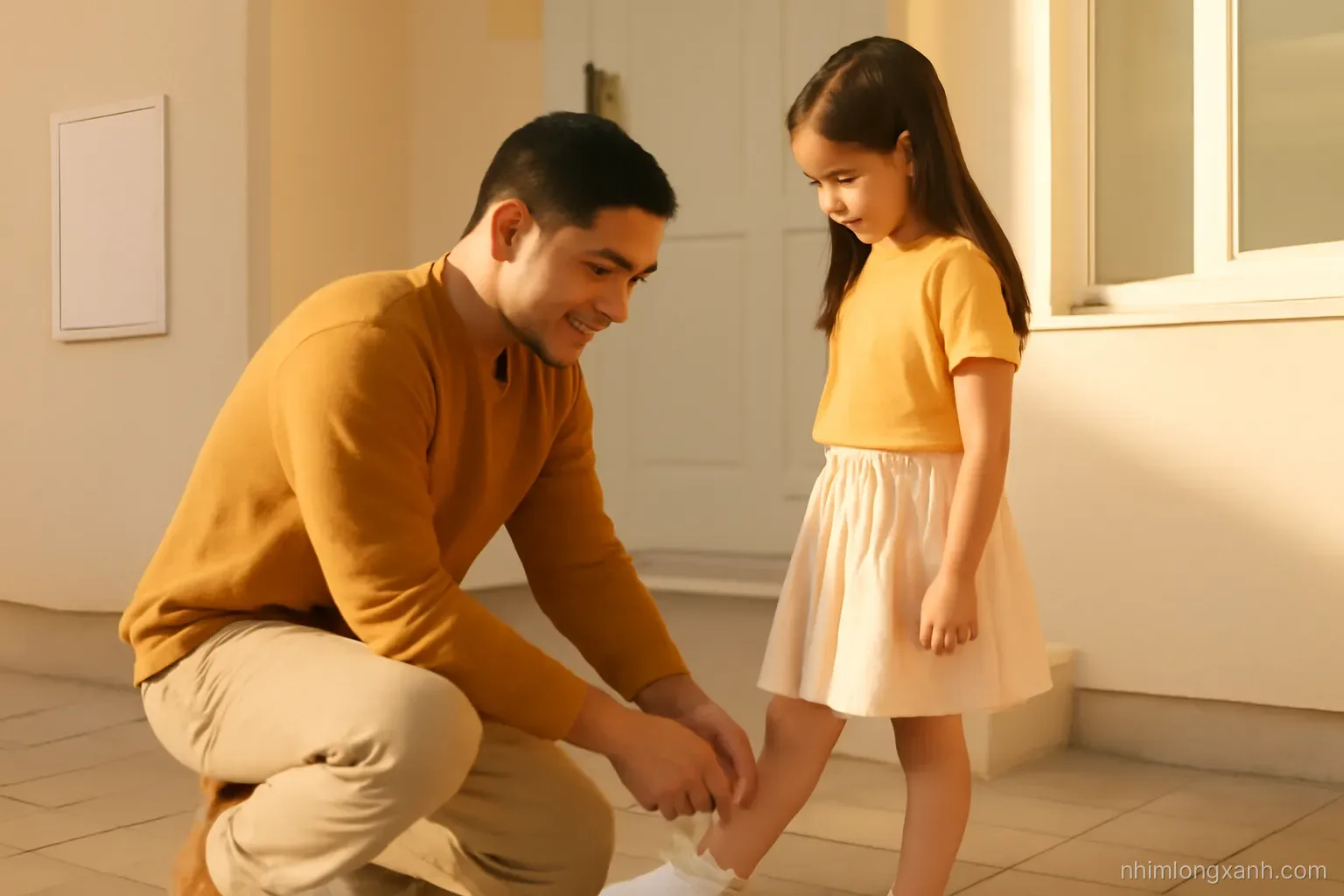Vietnamese father kneeling to tie the shoelaces of his young daughter outside an apartment entrance, eye-level close shot, golden hour light, warm orange and cream tones