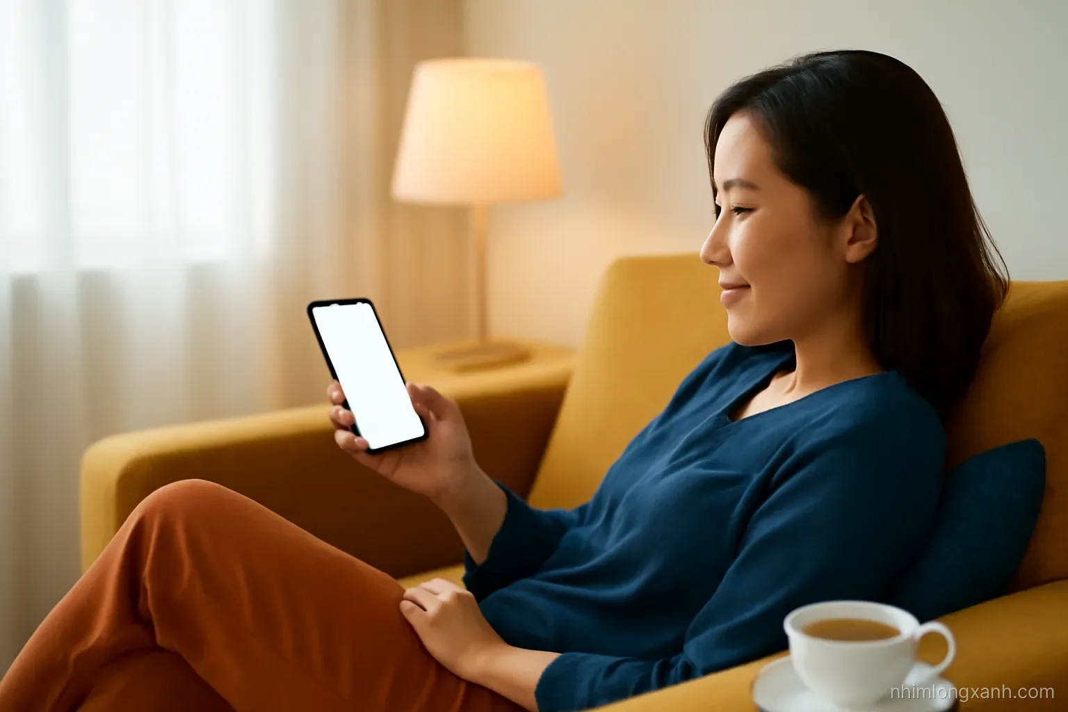 Vietnamese office worker relaxing on a sofa with a smartphone with blank glowing display, cup of tea beside, over-the-shoulder shot, cozy evening lamp light, amber and navy tones