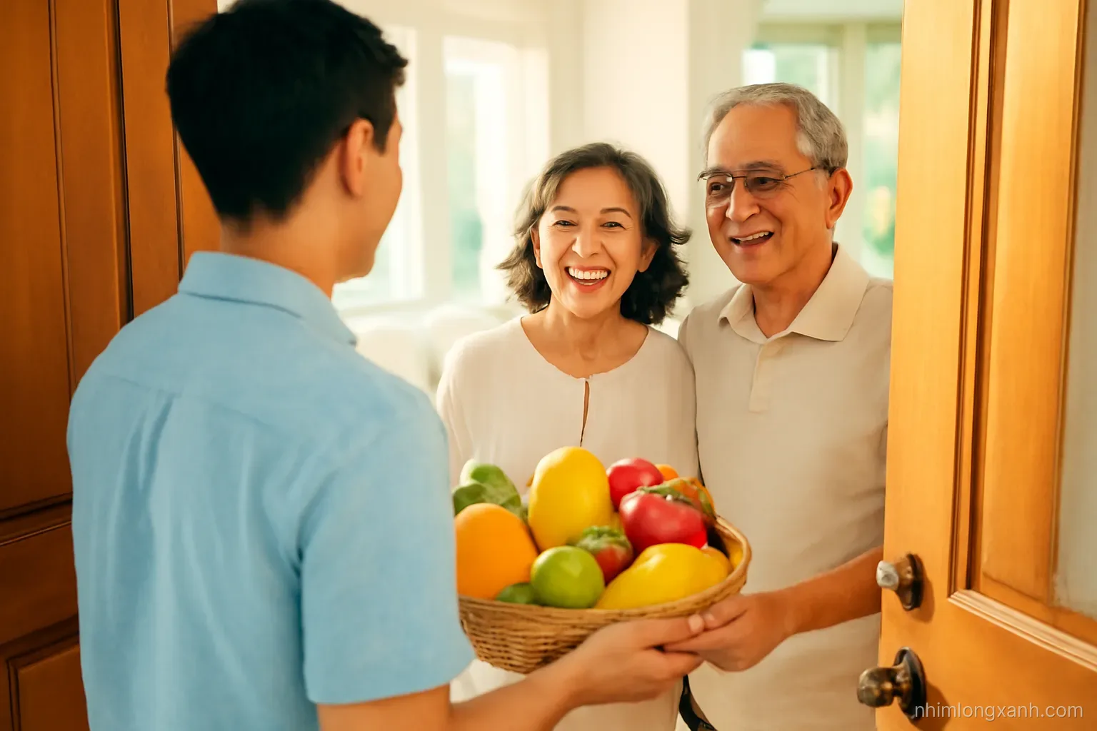 Over-the-shoulder shot from behind a young Vietnamese man holding a fruit basket at the open wooden door of a bright family home, smiling older couple greeting him, warm golden light