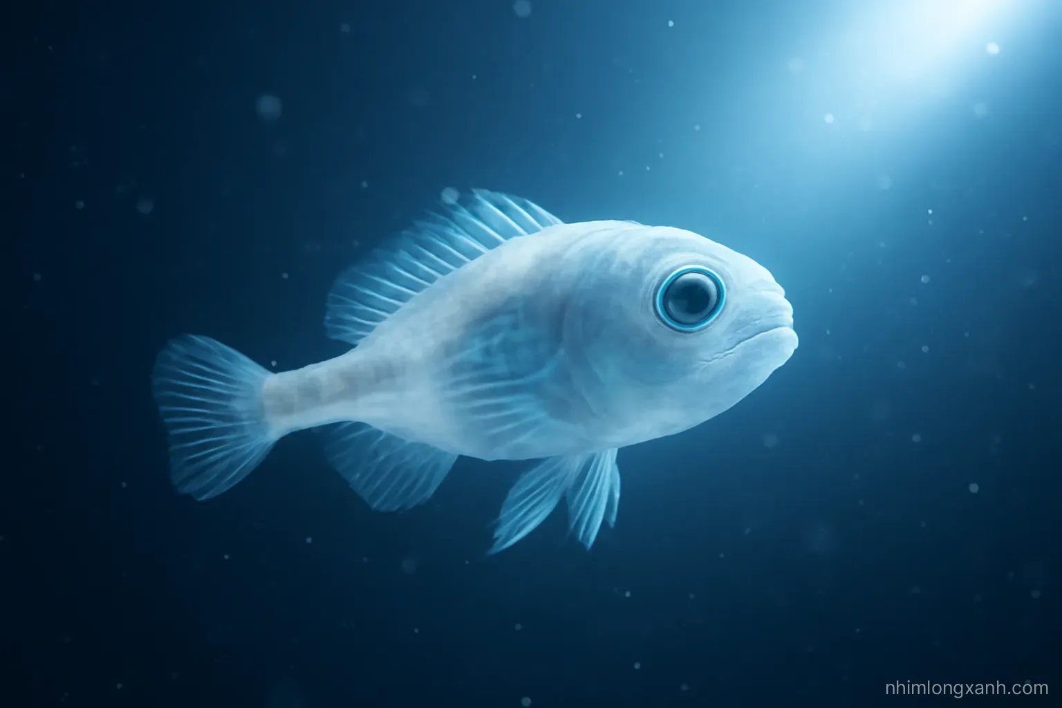 Underwater close-up of a small pale translucent deep-sea fish lit by a single beam from a submersible, dark navy water with floating particles, cool blue and white tones