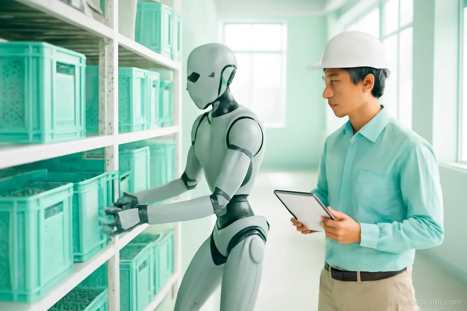 Side view of a slim grey humanoid robot carefully lifting a plastic crate from a low shelf in a sunlit warehouse aisle, Vietnamese engineer holding tablet nearby, pastel mint and white tones
