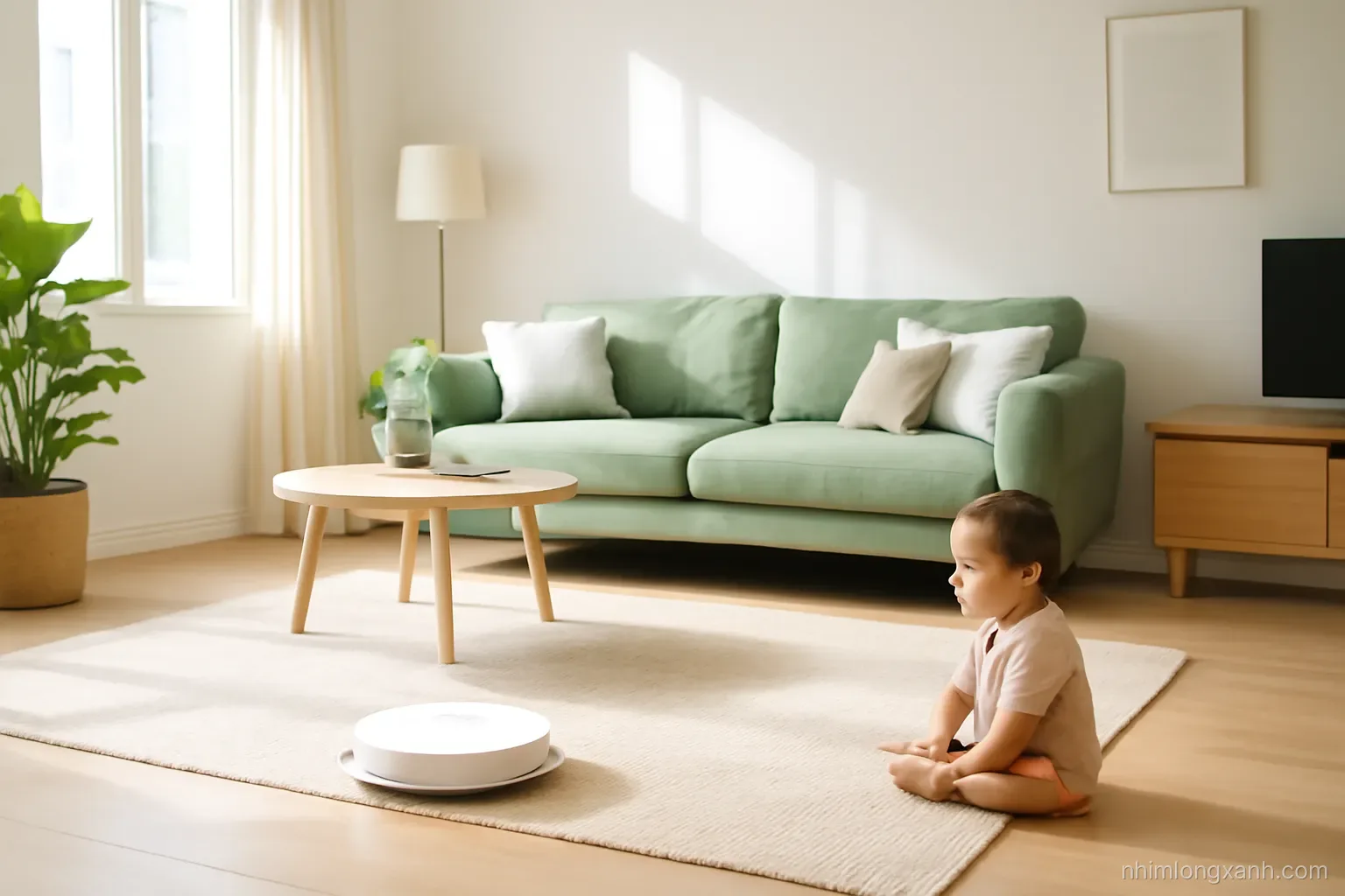 Wide shot of a bright Vietnamese apartment living room, a round robot vacuum gliding across pale wooden floor while a toddler watches from a rug, morning sunlight, cream and sage tones