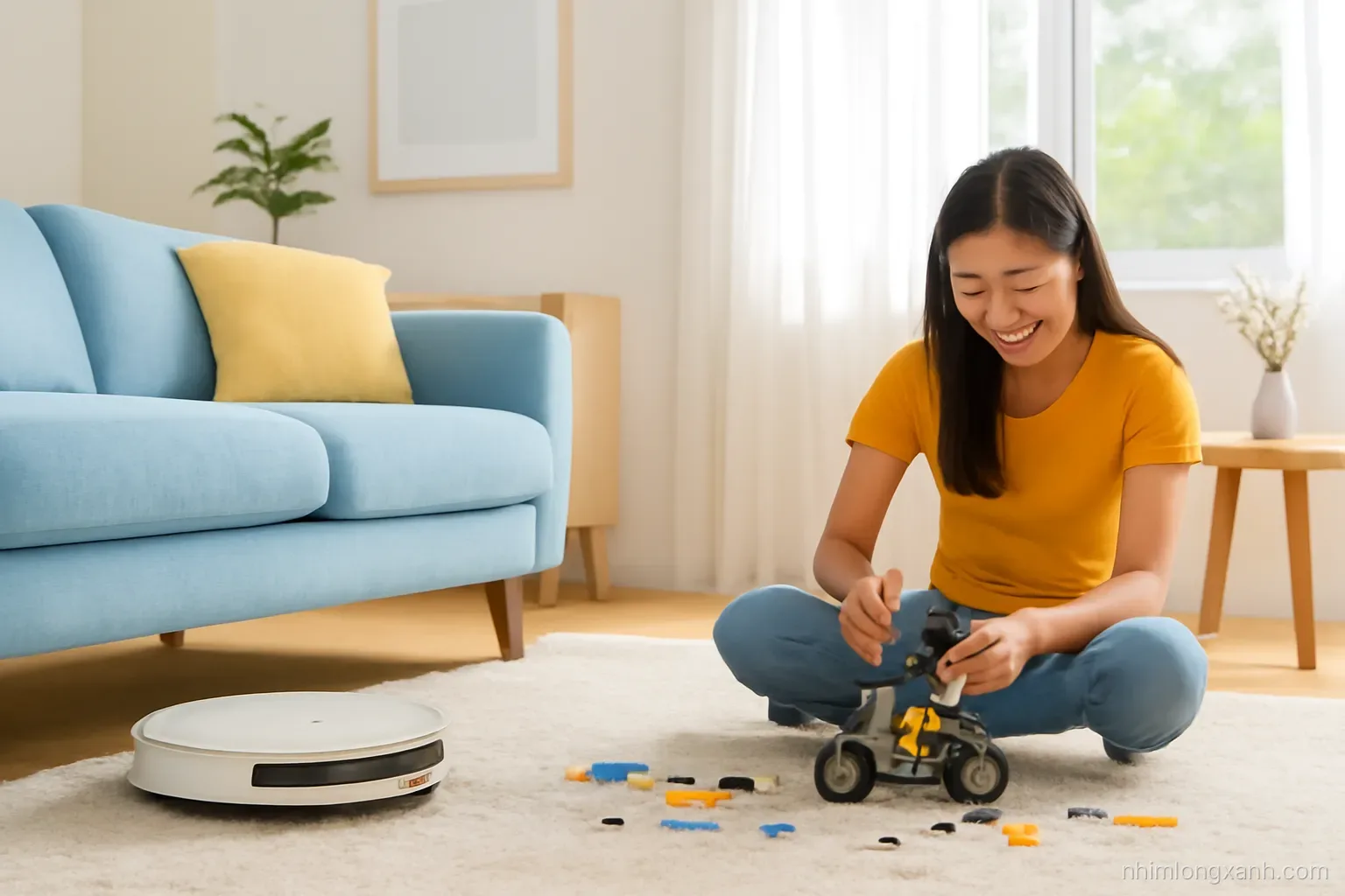 Three-quarter view of a Vietnamese teenage girl at a maker space workbench testing a small wheeled robot, a mini drone on shelves behind, bright daylight, butter yellow and sky blue
