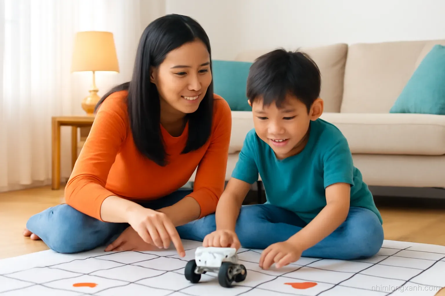 Eye-level shot of a Vietnamese mother and six-year-old son on a living room floor guiding a small wheeled robot across a grid mat with picture cards, warm lamp light, orange and teal
