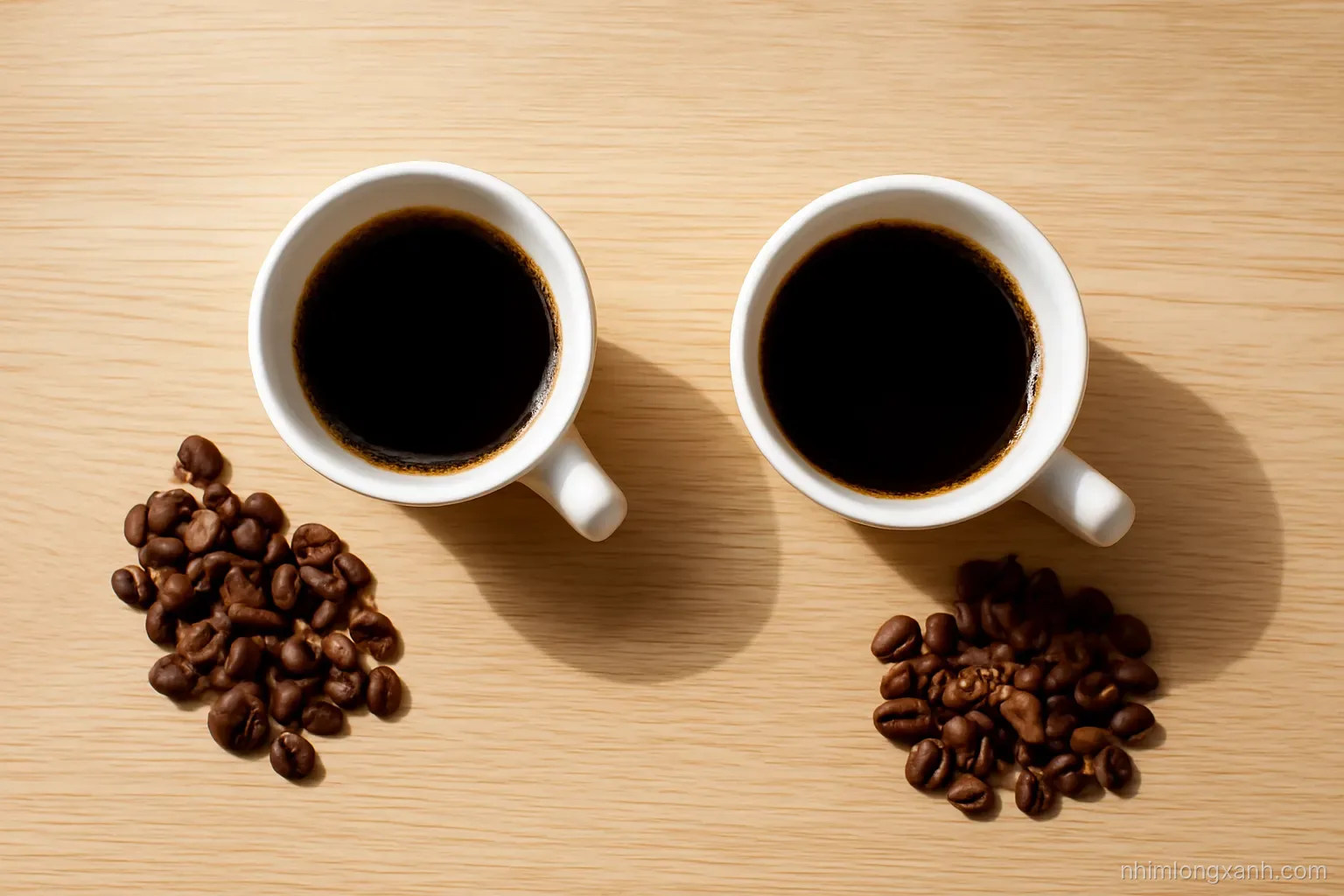Top-down flat lay on a light oak table of two small piles of roasted coffee beans, round and oval, with two ceramic cups of black coffee between them, crisp natural light, brown and cream