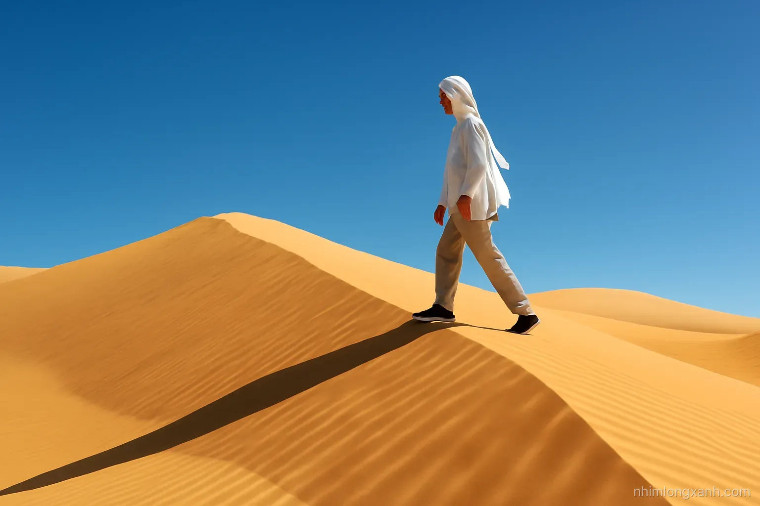 Low angle shot of sweeping golden sand dunes with sharp ridgelines under a deep blue sky, a Vietnamese traveler in a white scarf walking along the crest, strong afternoon sun