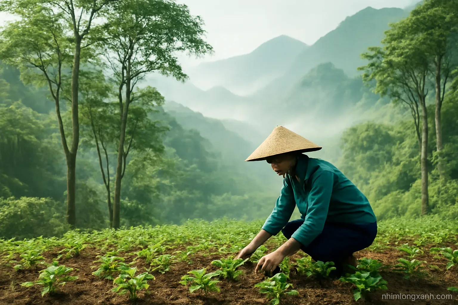 Wide shot of misty mountain forest slopes with a Vietnamese farmer kneeling under tall canopy tending small five-leaf herb plants, cool green tones, soft diffused morning light