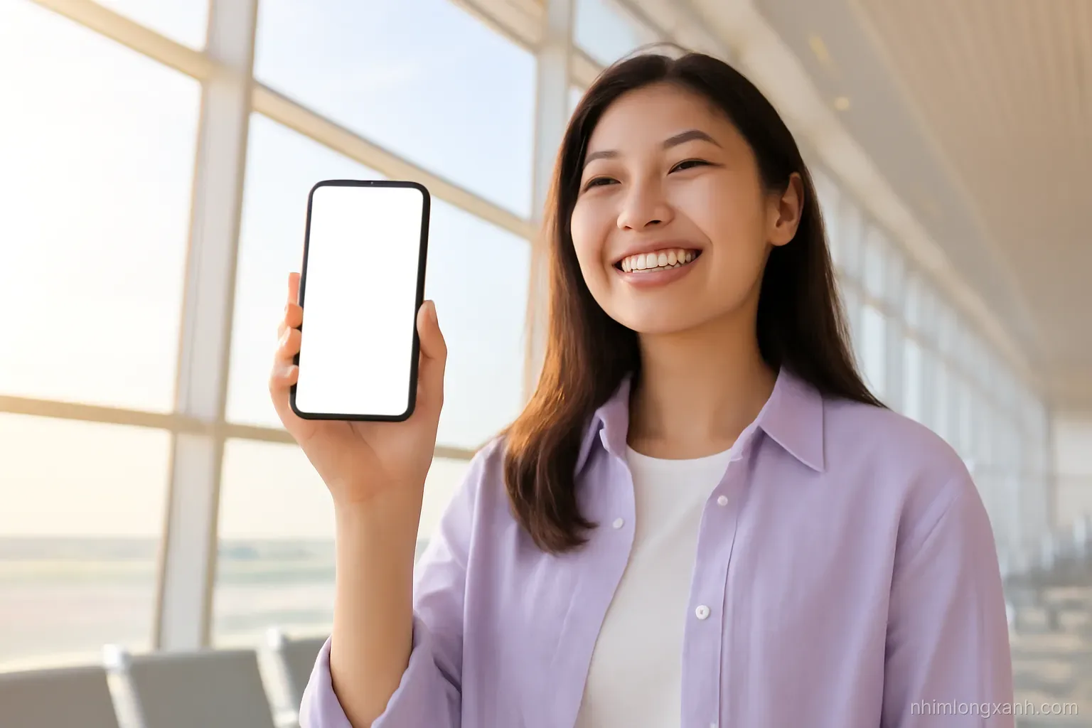 Low angle shot of a smiling Vietnamese young woman holding a smartphone up near a sunlit airport window, blank glowing screen, airy terminal, lavender and soft gold palette