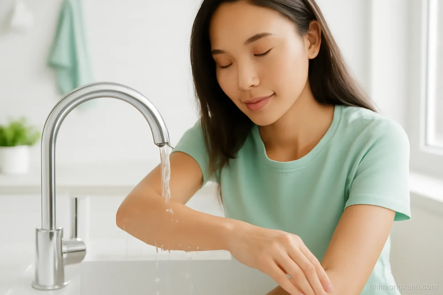 Close-up of a young Vietnamese woman holding her forearm under a stream of cool tap water at a bright white kitchen sink, soft morning light, mint and white tones