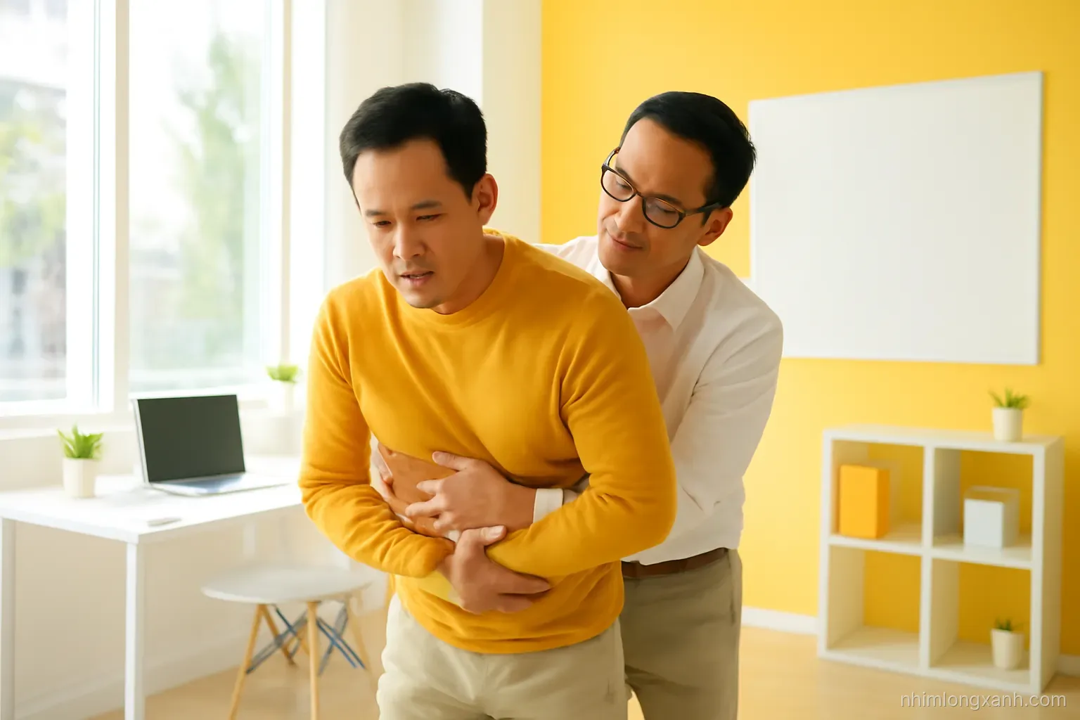 Wide shot of a Vietnamese man standing behind a coworker practicing a first aid abdominal thrust in a sunny modern training room, warm yellow and white palette