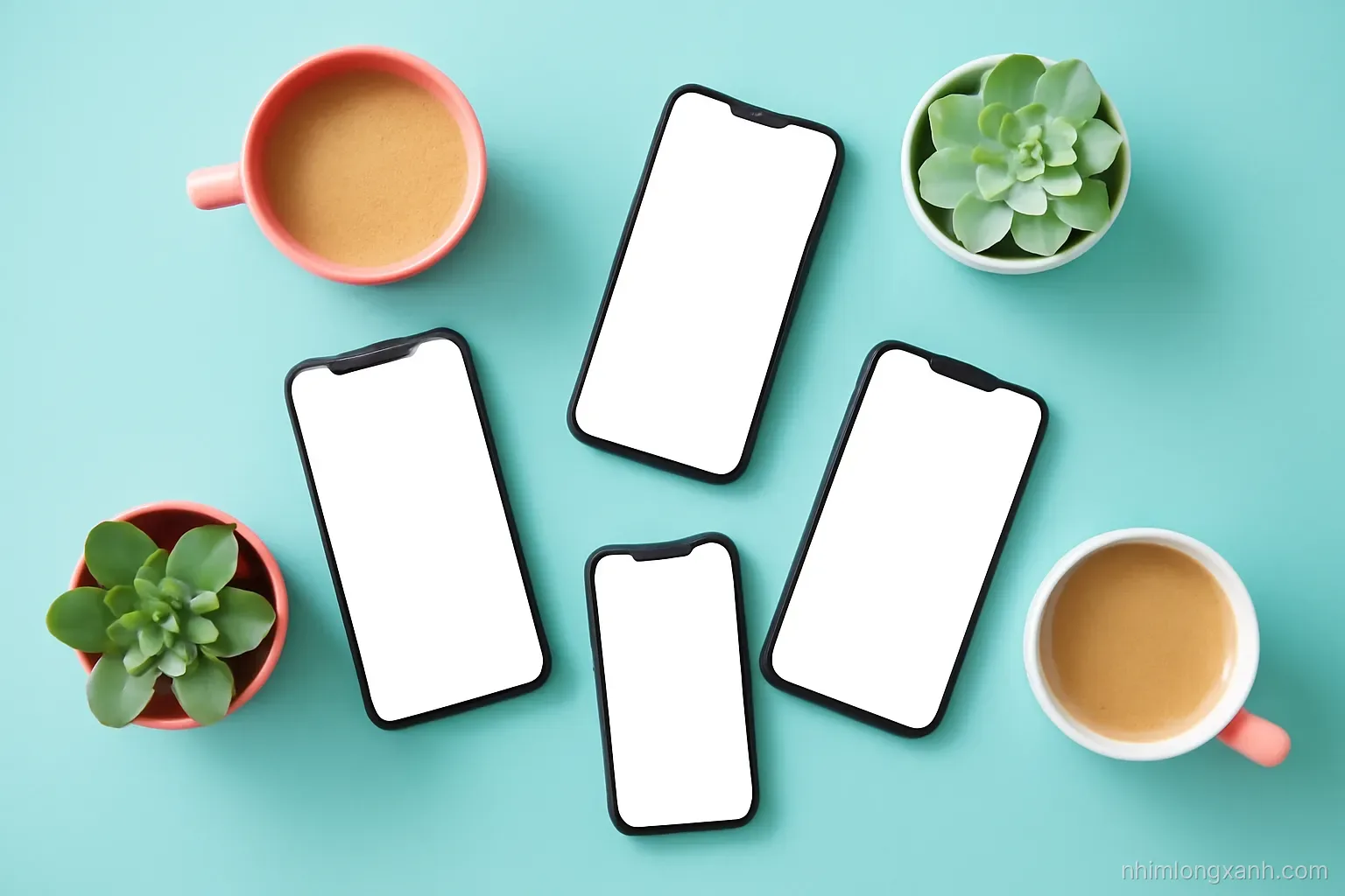 Top-down flat lay of four smartphones with blank glowing screens arranged on a turquoise desk among coffee cups and succulents, bright even lighting, playful pastel palette
