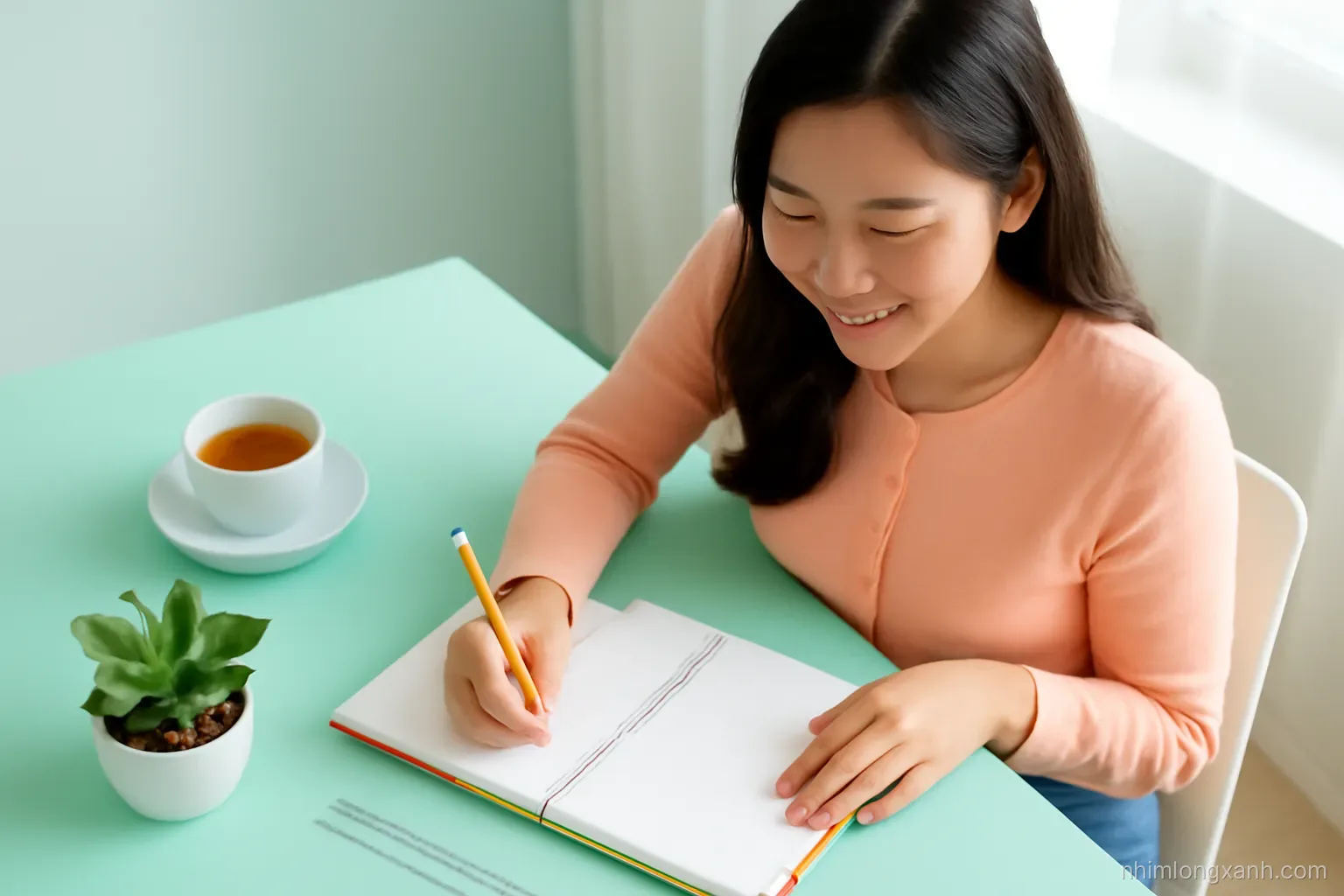 Top-down view of a young Vietnamese teacher planning a lesson at home, notebook with colored tabs, ruler, small plant and tea cup on a pastel mint table, soft window light