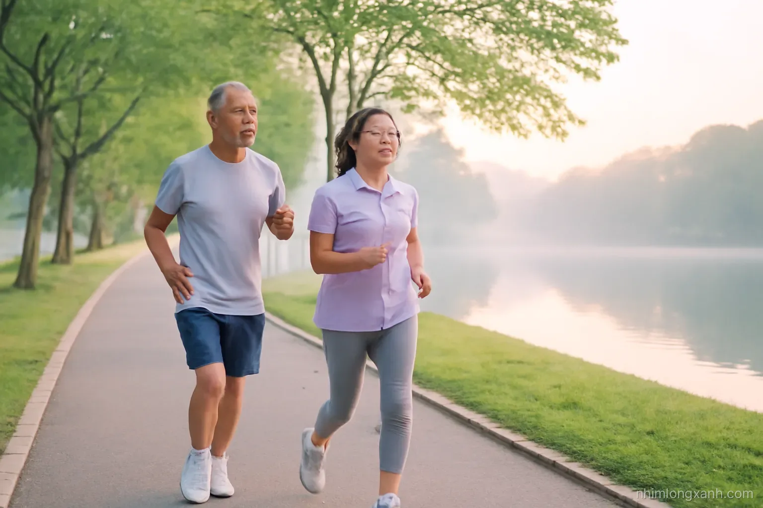 Wide shot of a Vietnamese couple in their sixties briskly walking along a tree-lined lakeside path at sunrise, sneakers and light sportswear, misty morning, soft lavender and green palette