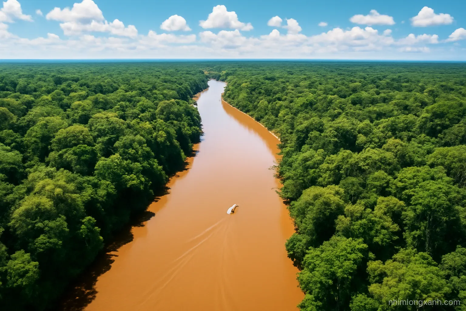 Aerial drone view of a wide brown river winding through dense green rainforest under scattered white clouds, a small wooden boat leaving a wake, vivid emerald and caramel colors