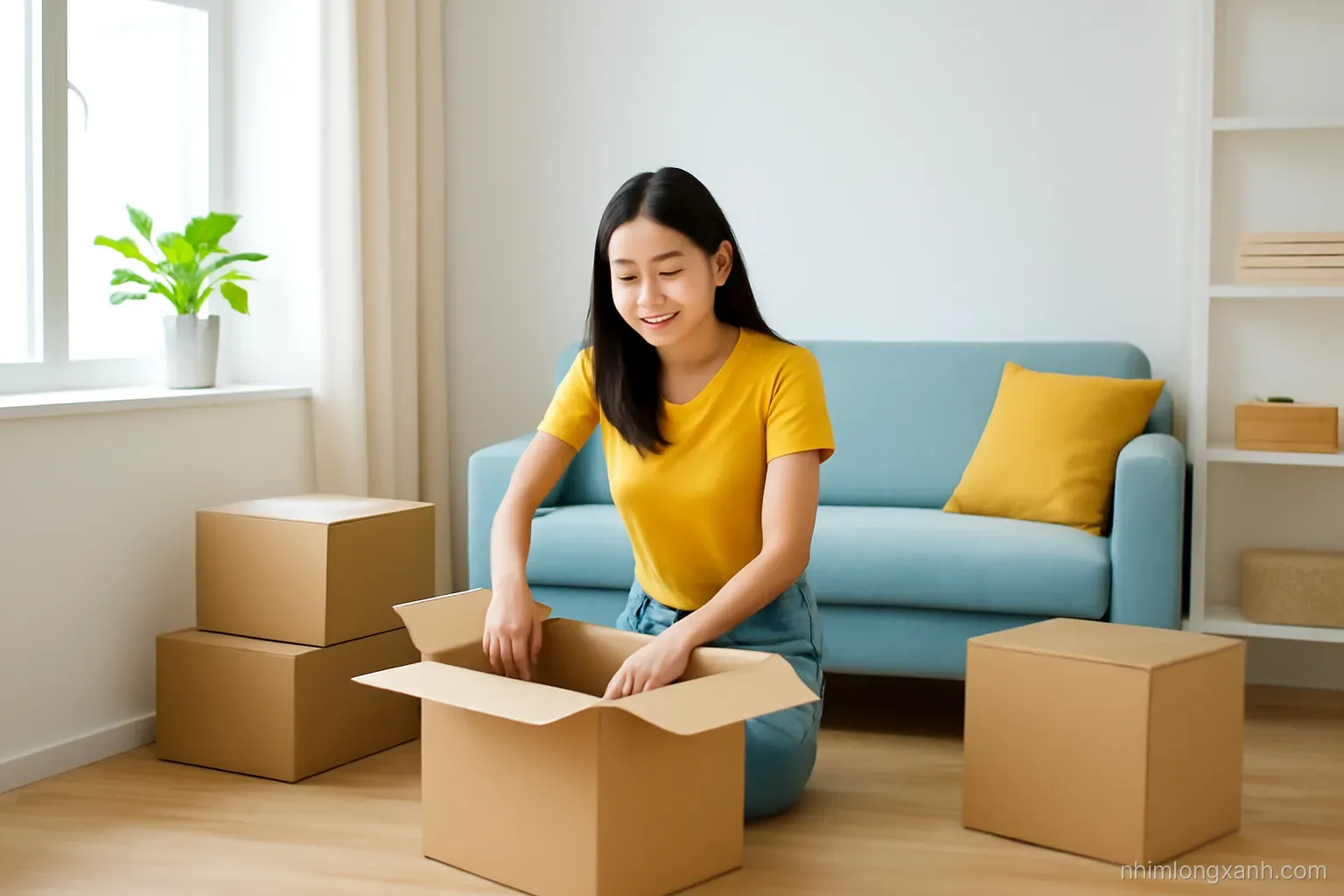 Wide shot of a young Vietnamese woman unpacking cardboard boxes in a small bright studio apartment, potted plant on the windowsill, white walls, soft yellow and sky blue accents, cheerful mood