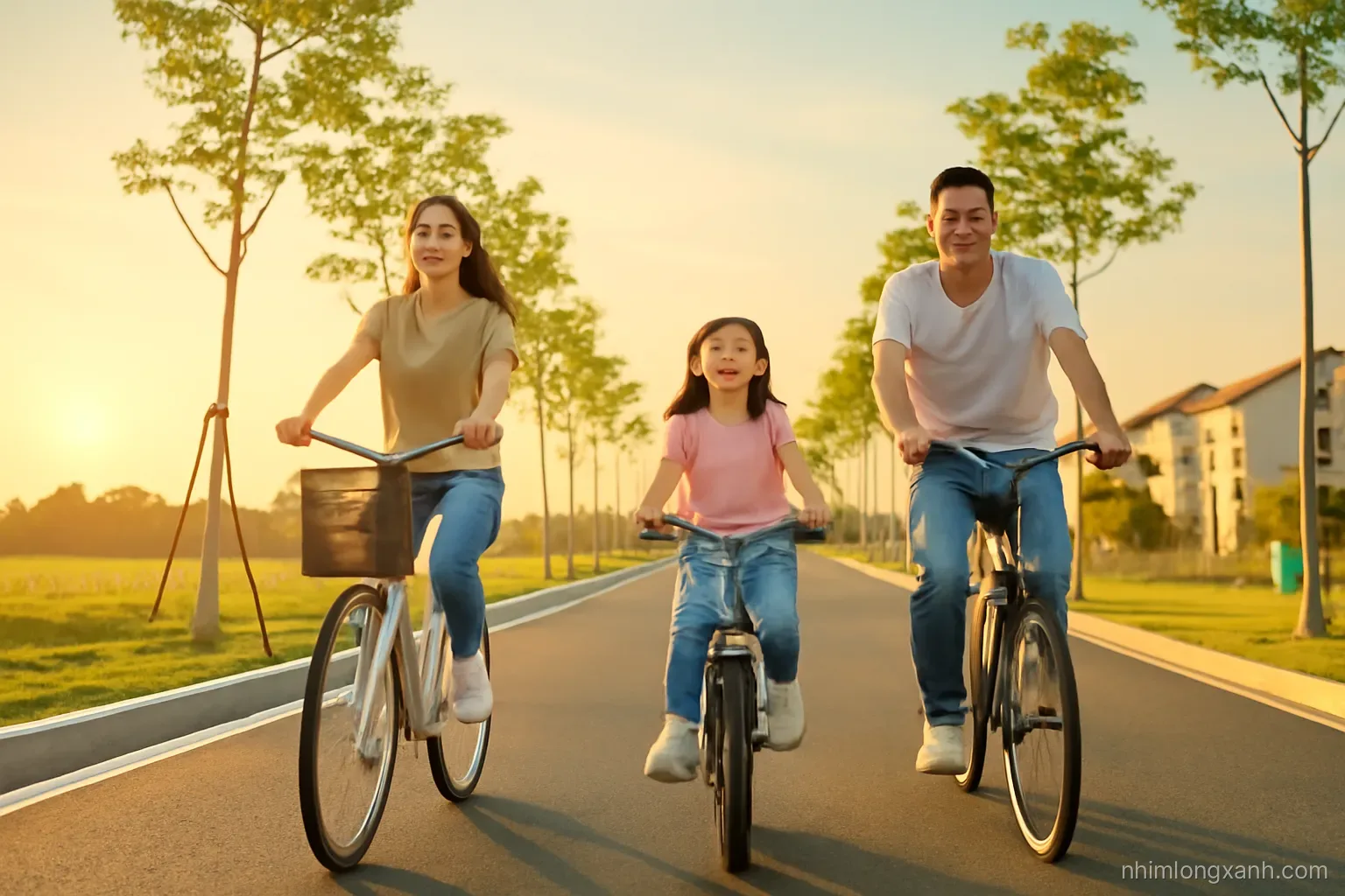 Low angle shot of a young Vietnamese family on bicycles riding along a new tree-lined suburban road at sunset, low-rise houses and open fields behind, warm orange and soft green palette