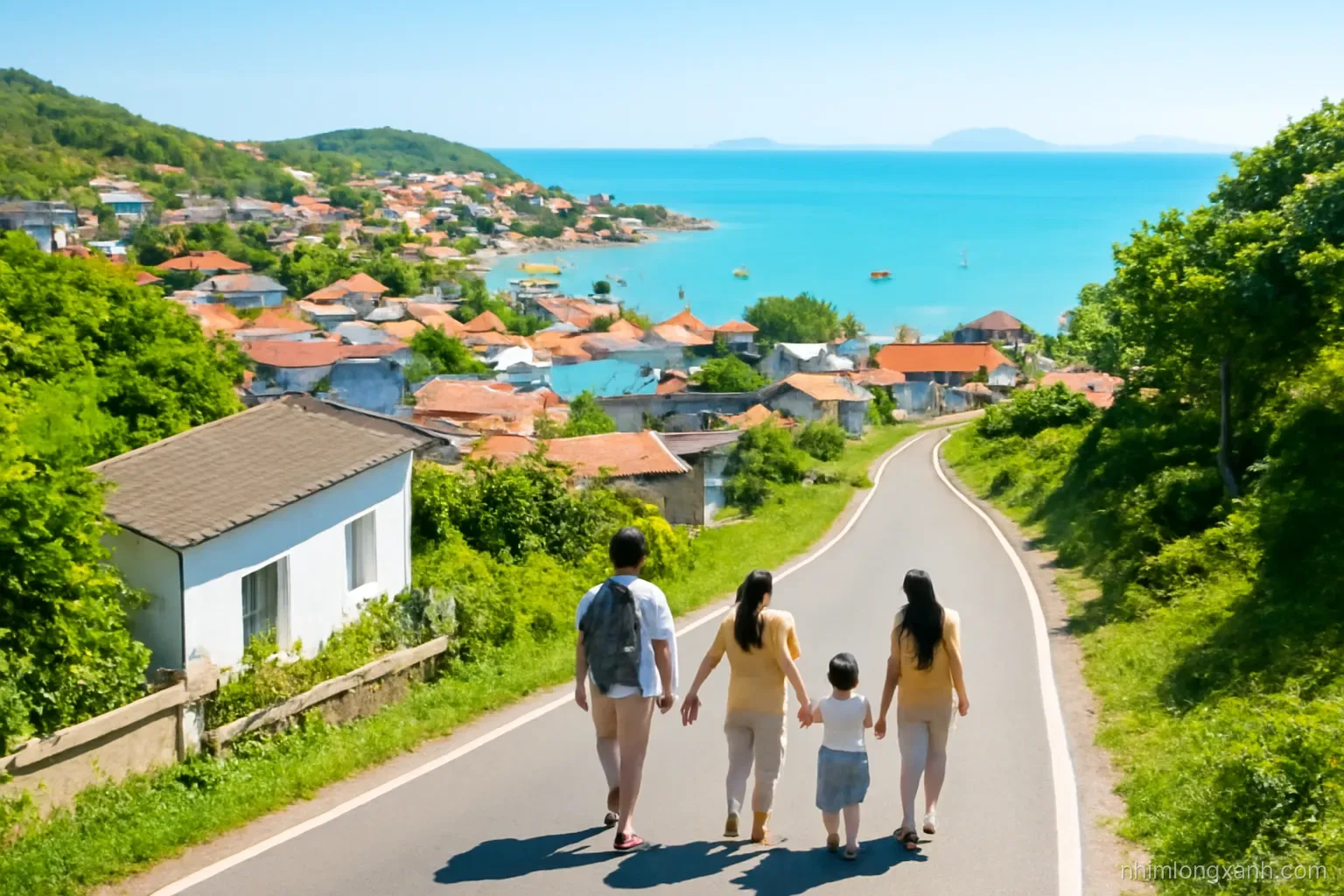 Aerial drone view of a Vietnamese coastal town with families walking calmly uphill along a green road away from a turquoise bay, clear morning, evacuation route
