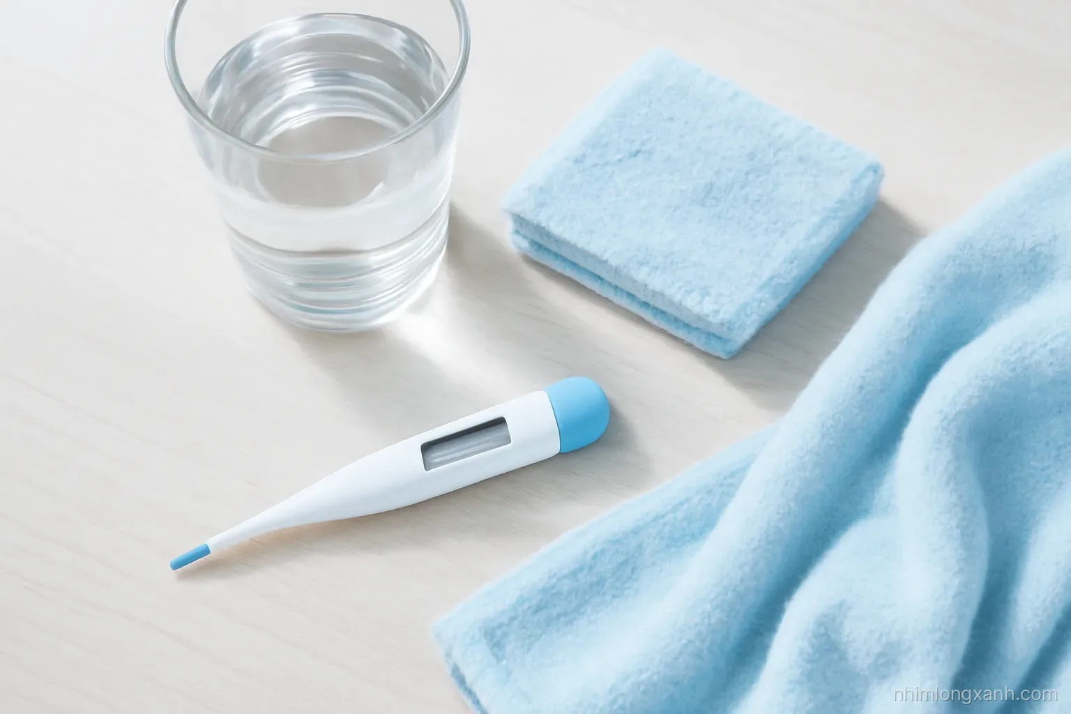 Top-down flat lay of a digital thermometer with a blank display, a glass of water, a folded damp washcloth and a soft blanket on a light wooden bedside table, clean sky blue tones